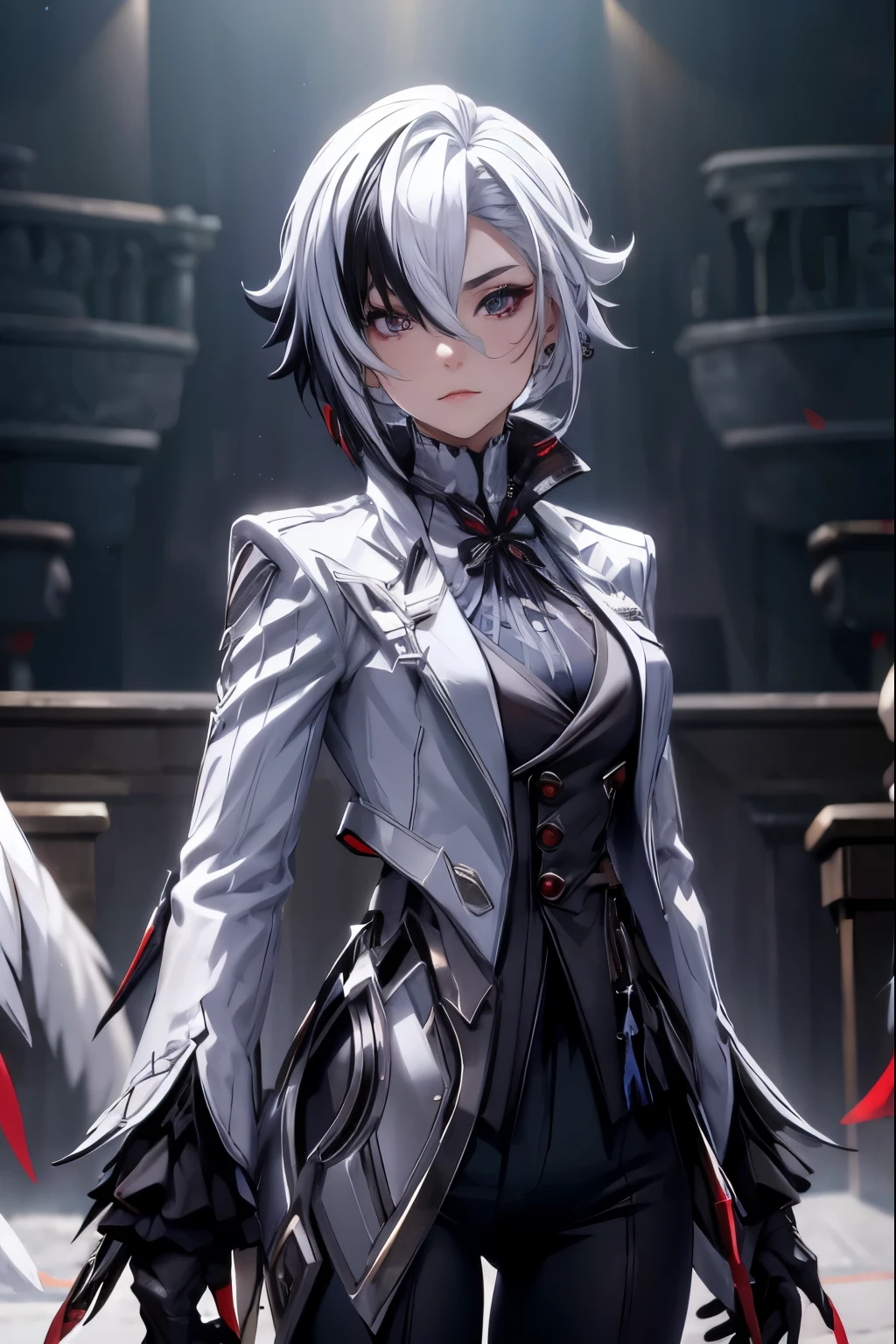 1girl, solo, multicolored_hair, x-shaped_pupils, black_hair, symbol-shaped_pupils, black_eyes, looking_at_viewer, fur_trim, white_hair, short_hair, streaked_hair, hair_between_eyes, red_pupils, bangs, closed_mouth, portrait, fur-trimmed_coat, coat, two-tone_hair, black_background