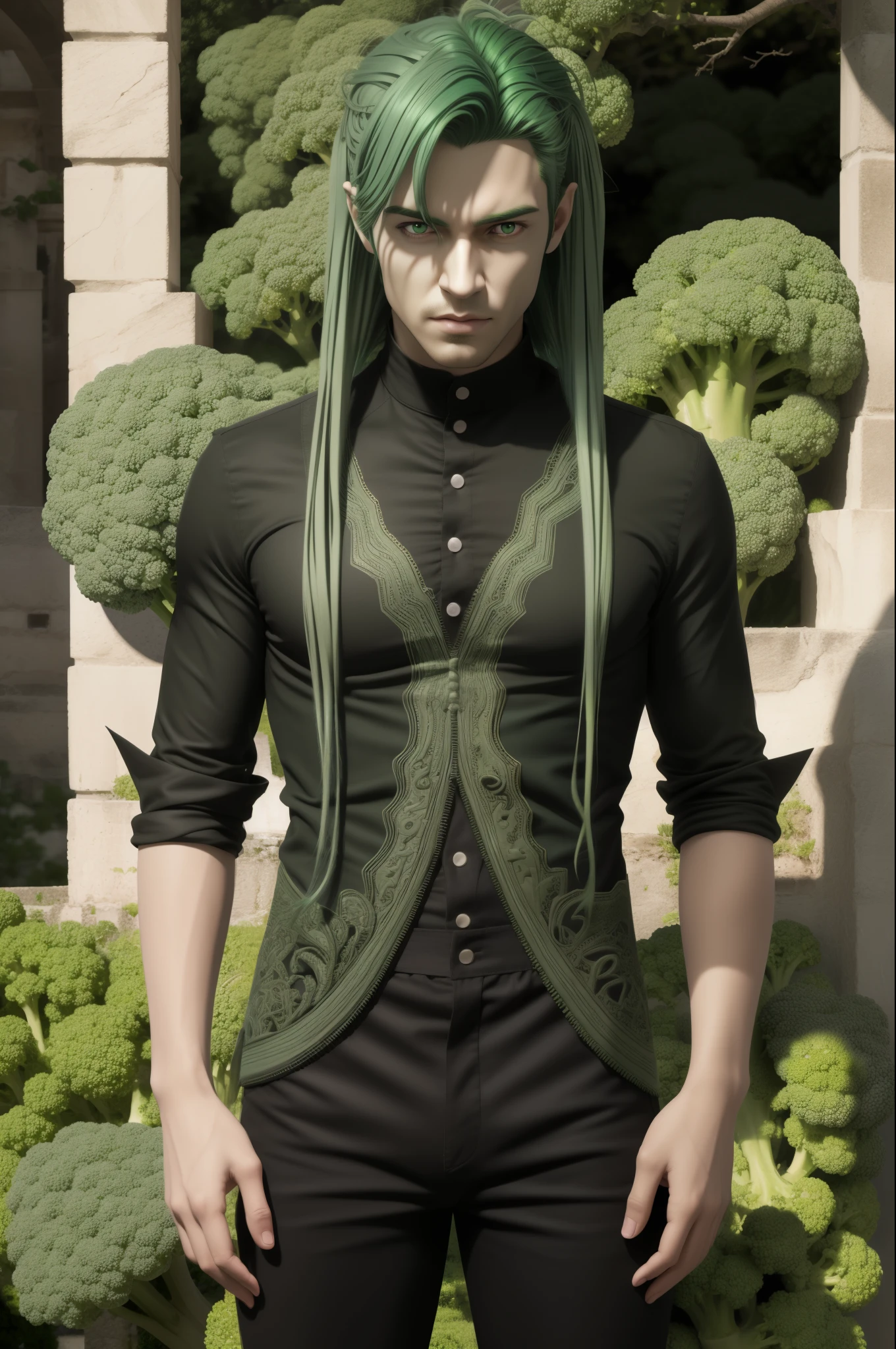 ((([Green Hair]))), Bishonen, Ultra Realistic 8K CG, Picture-Perfect Face, Perfect, Clean, Masterpiece, Professional Artwork, Famous Artwork, With Broccoli, Broccoli Garden, Princess, (in sassi_di_matera), ultra-thin lines and clear details create the illusion of a three-dimensional image, full body image, solo, (full body)