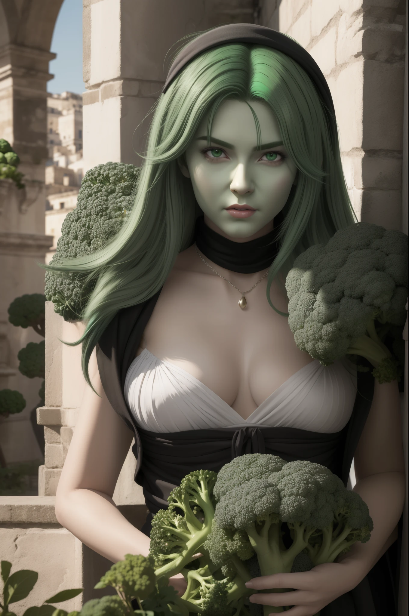 ((([Green Hair]))), Bishonen, Ultra Realistic 8K CG, Picture-Perfect Face, Perfect, Clean, Masterpiece, Professional Artwork, Famous Artwork, With Broccoli, Broccoli Garden, Princess, (in sassi_di_matera), ultra-thin lines and clear details create the illusion of a three-dimensional image, full body image, solo, (full body)