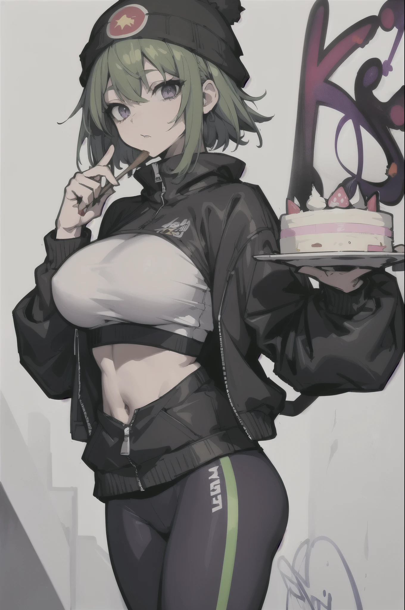 (masterpiece:1.2, highest quality), (graffiti wall:1.15), 1 female, Beanie hat, Jacket, leggings, short hair、Bangs Patsun、green hair、purple eyes、eat cake、big breasts、