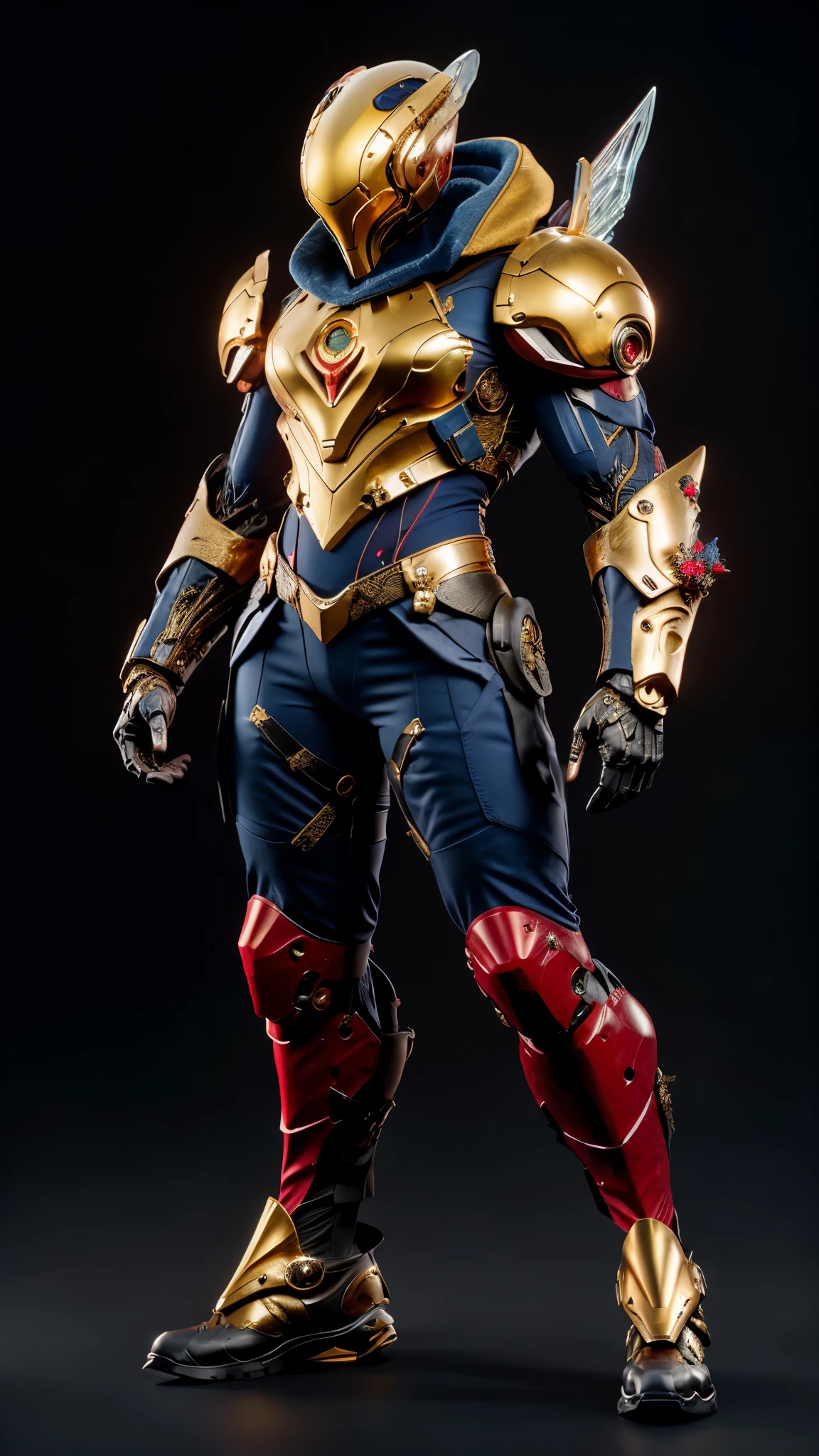 A woman adorned in fantasy-style full-body armor, a crown-concept fully enclosed helmet that unveils only her eyes, a composite layered chest plate, fully encompassing shoulder and hand guards, a lightweight waist armor, form-fitting shin guards, the overall design is heavy-duty yet flexible, ((the armor gleams with a golden glow, complemented by red and blue accents)), exhibiting a noble aura, she floats above a fantasy-surreal high-tech city, this character embodies a finely crafted fantasy-surreal style armored hero in anime style, exquisite and mature manga art style, (Queen bee mixed with Spider concept Armor, plasma, blood), ((Element, energy, elegant, goddess, femminine:1.5)), metallic, high definition, best quality, highres, ultra-detailed, ultra-fine painting, extremely delicate, professional, anatomically correct, symmetrical face, extremely detailed eyes and face, high quality eyes, creativity, RAW photo, UHD, 32k, Natural light, cinematic lighting, masterpiece-anatomy-perfect, masterpiece:1.5