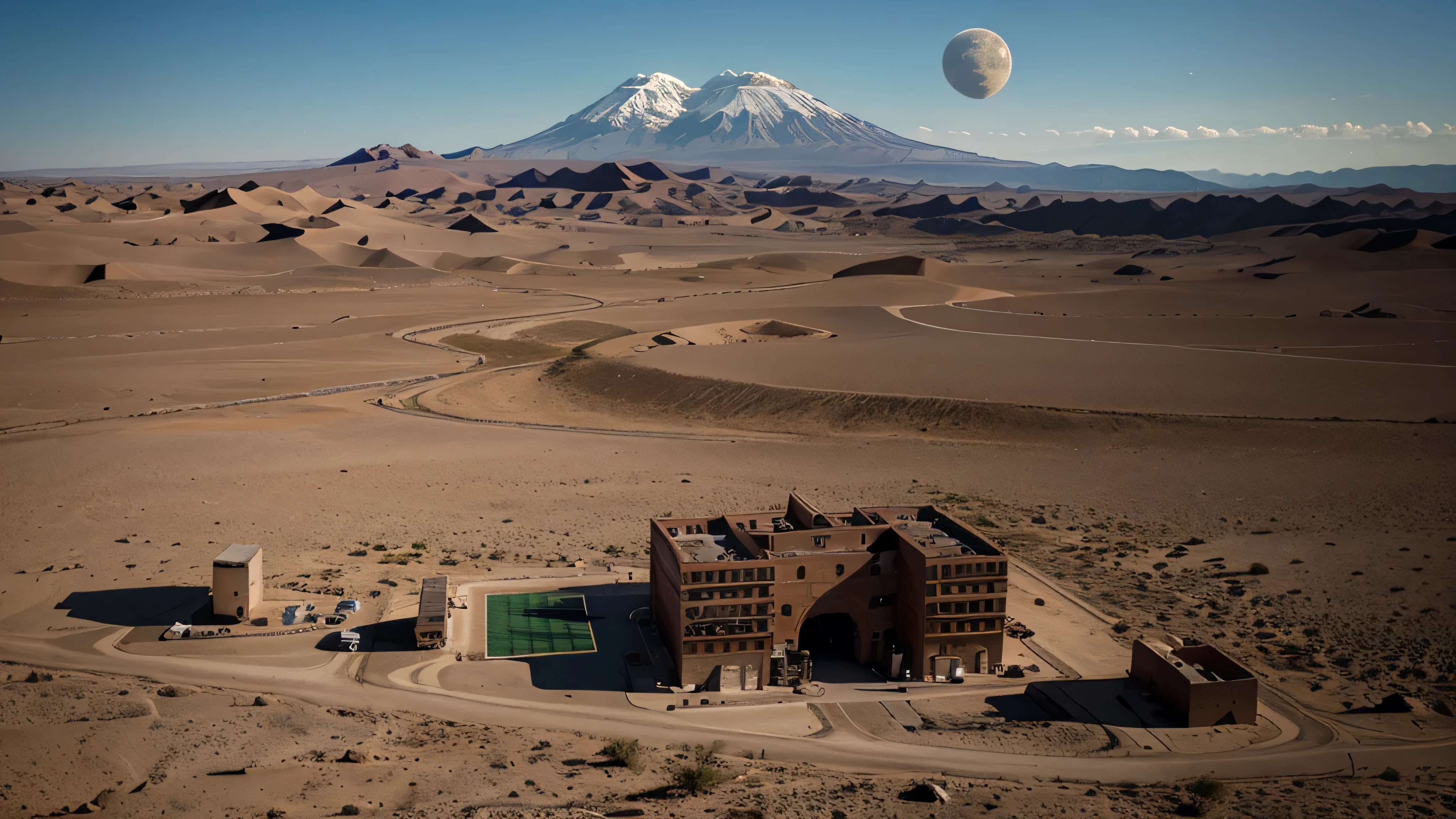 Aerial images of the Atacama Desert in the year 3050 with large buildings and vehicles of the future, vasto y silencioso, seguidas por la superficie lunar, igualmente desolada pero majestuosa durante el atardecer. la musica es ambiental, ethereal, con toques de instrumentos andinos mezclados con sonidos sintetizados, evoking a sense of wonder and loneliness.