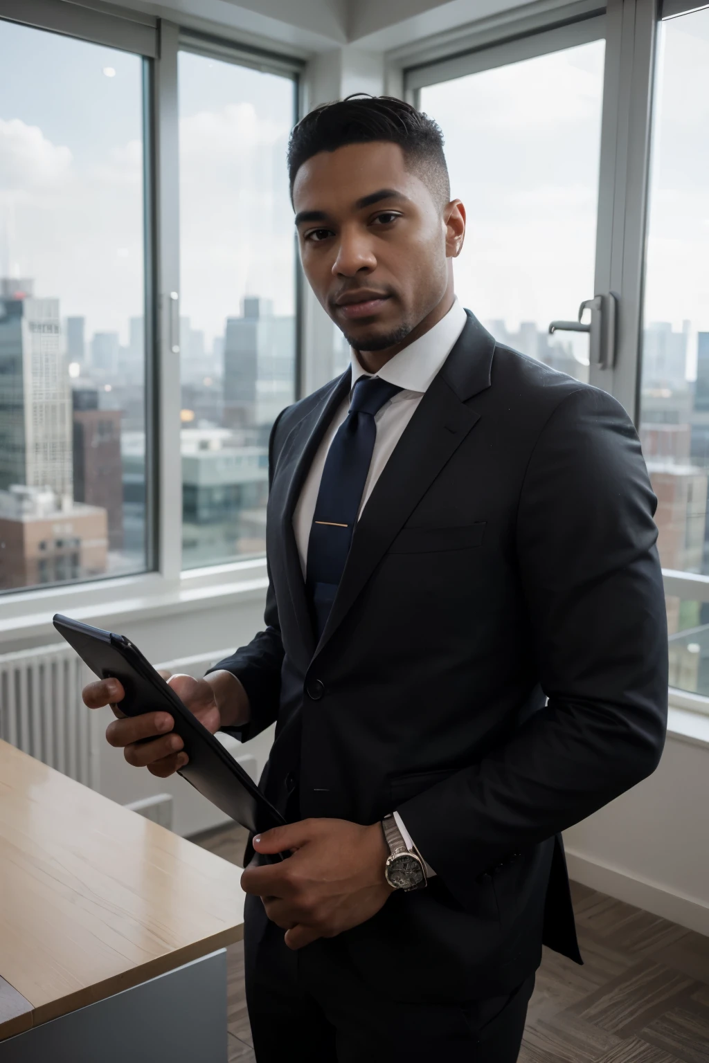 (best quality,highres:1.2),black business man,confident,sharp suit,elegant tie,successful businessman,with a briefcase and mobile phone,standing in a modern office,amazing detail,realistic lighting,strong and charismatic,professional attire,with a sleek hairstyle,city skyline visible from the window,vibrant colors,exudes power and authority