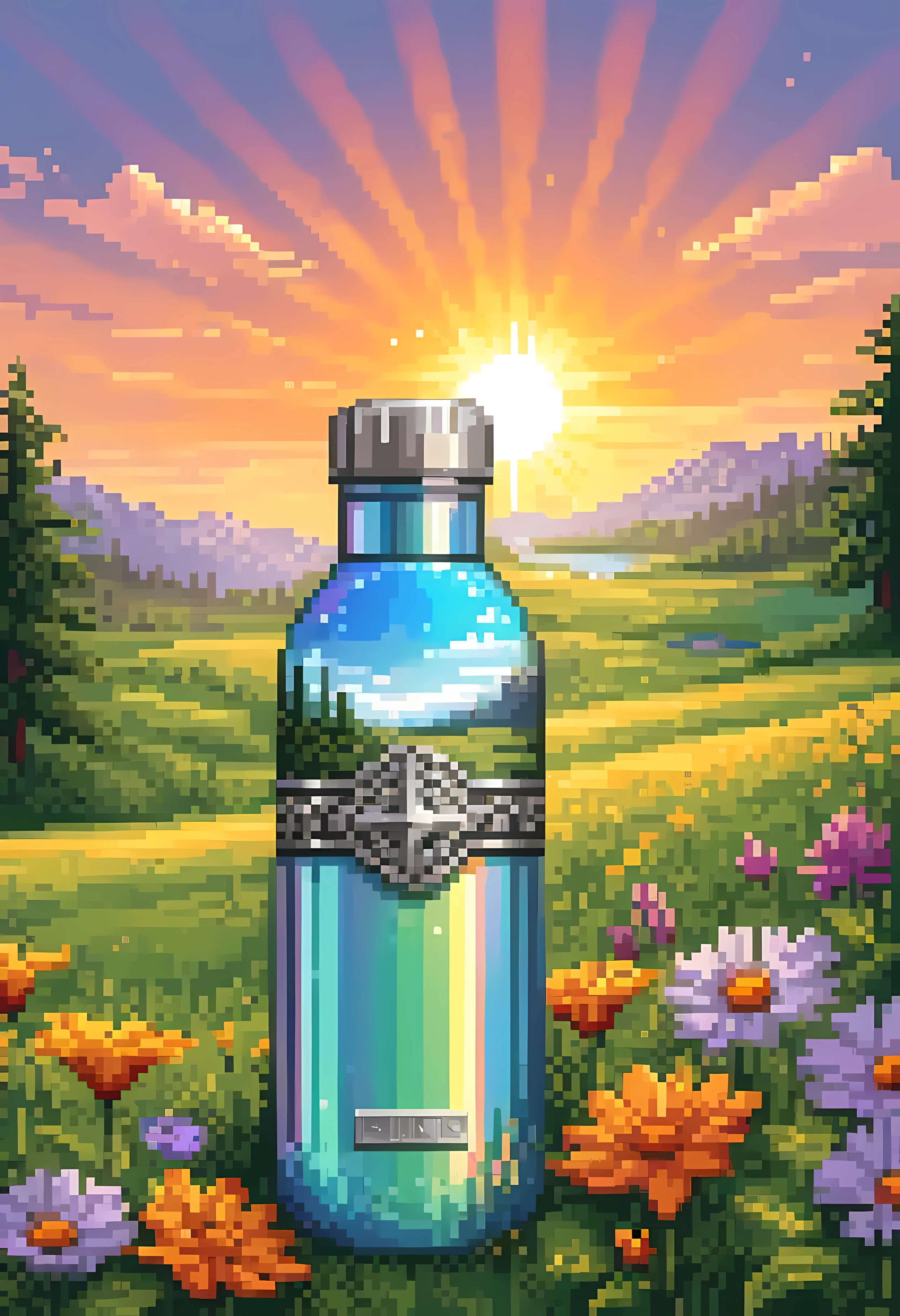 Pixel art, a close-up image of a luxurious high-end water bottle crafted from premium materials like polished stainless steel, precision cap and (unique gothic engravings), standing amidst lush grass, (wildflowers), the ((iridescent sun rays)) coming through the bottle, masterpiece in maximum 16K resolution, superb quality. | ((More_Detail))