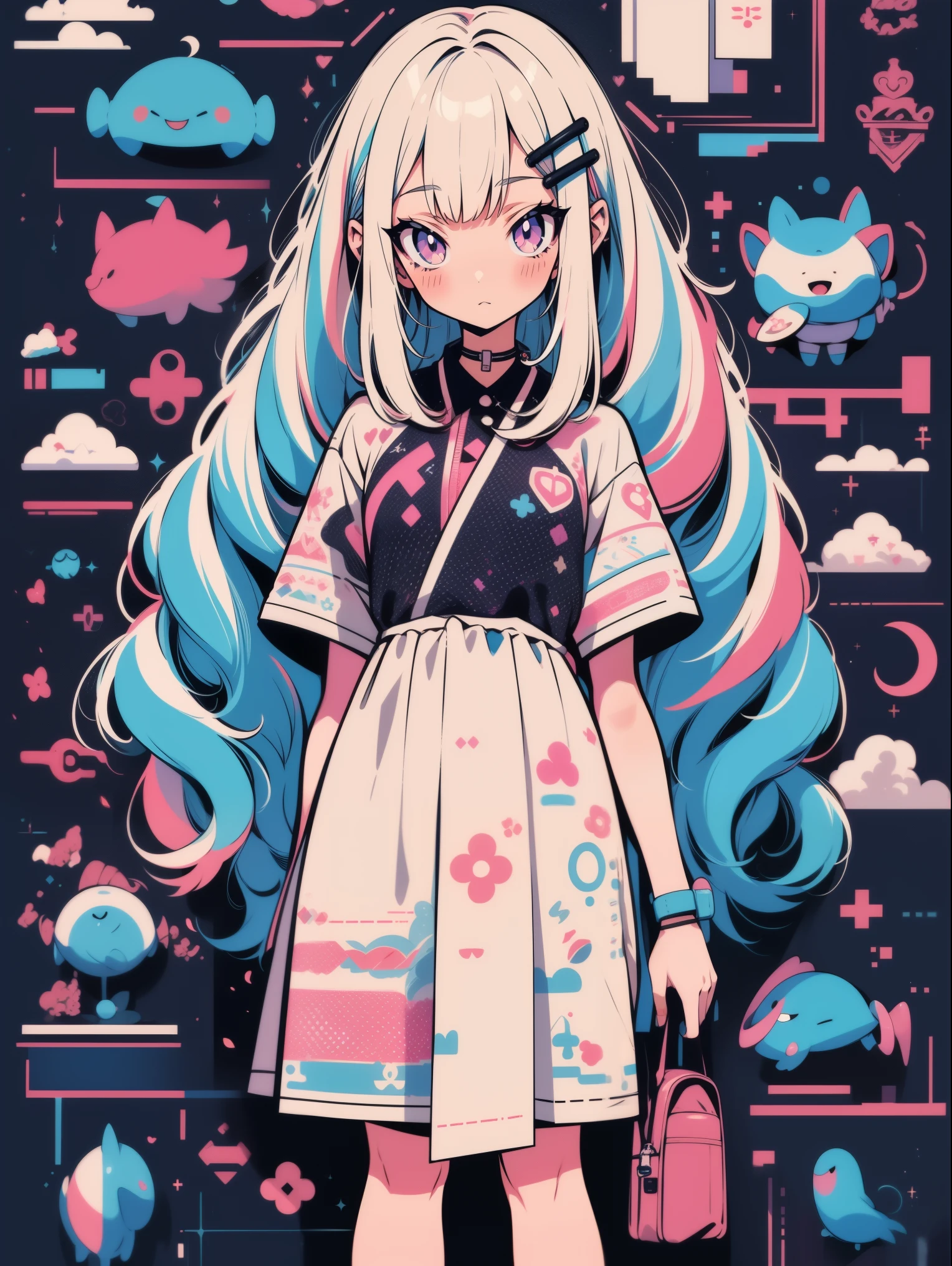 hightquality、Colorful color palette、high-level image quality、Kawaii Girl、Unprecedented amount of drawing、anime styled、Geometric pattern background、sticker style、Long hair、light pink hair、purple eyes, drill hair, front facing, posing, hands posing, lace