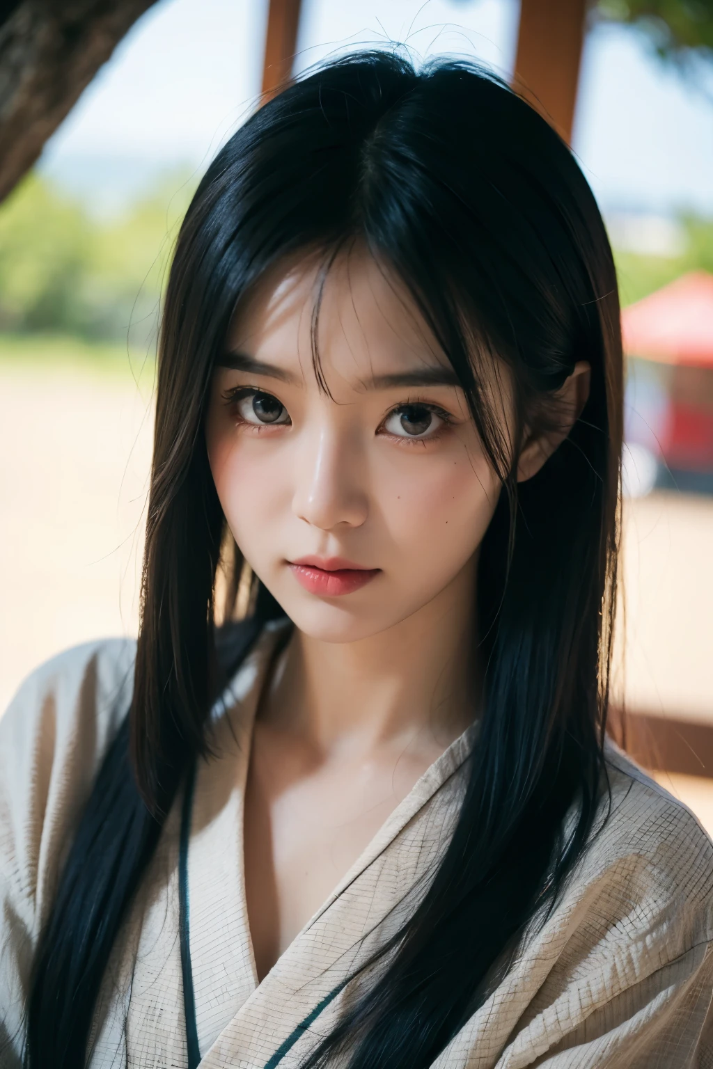 (1 girl:1.2), alone, Himekat,Japanese traditional clothing, red eyes,cartoon style, Joe Fenton, An expressionless black and white photo, camping, unsightly, gnaw, envy, Gast (Lovecraftian),calm, gentle smile, Wayne Barlow,, in gochuumon wa usagi desu ka? style, nostalgia