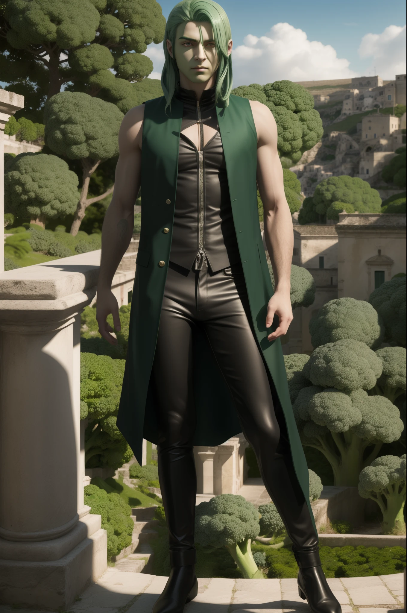 ((([Green Hair]))), Bishonen, Ultra Realistic 8K CG, Picture-Perfect Face, Perfect, Clean, Masterpiece, Professional Artwork, Famous Artwork, With Broccoli, Broccoli Garden, Princess, (in sassi_di_matera), ultra-thin lines and clear details create the illusion of a three-dimensional image, full body image, solo, (full body)