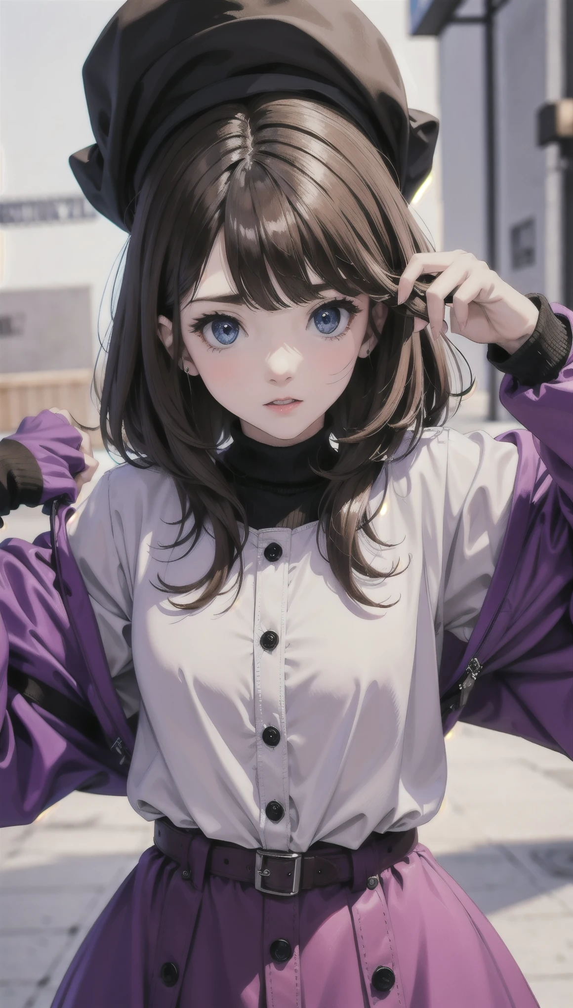 girl, brown hair, bob hairstyle, Have bangs, Purple snow jacket with green sweater, Cross your hands, Slightly serious expression, big eyes,  White gloves, blue eyes,