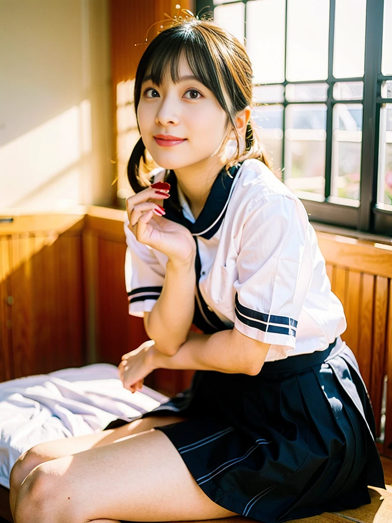 arafed asian woman in a school uniform posing for a picture, wearing japanese school uniform, japanese girl school uniform, japanese school uniform, young pretty gravure idol, seifuku, kimi takemura, realistic young gravure idol, young sensual gravure idol, japanese model, innocent smile, young gravure idol, wearing school uniform, teasing smile