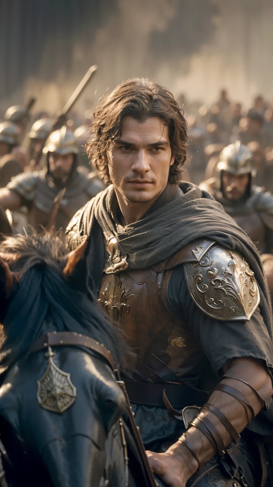 a man riding on the back of a black horse, henry cavill as a warrior, adam driver as a centaur warrior, handsome prince of persia, henry cavill as arthas menethil, paul atreides as emperor of dune, fantasy movie still, paul atreides, karl urban as a dragonslayer, arsen lupin as a paladin