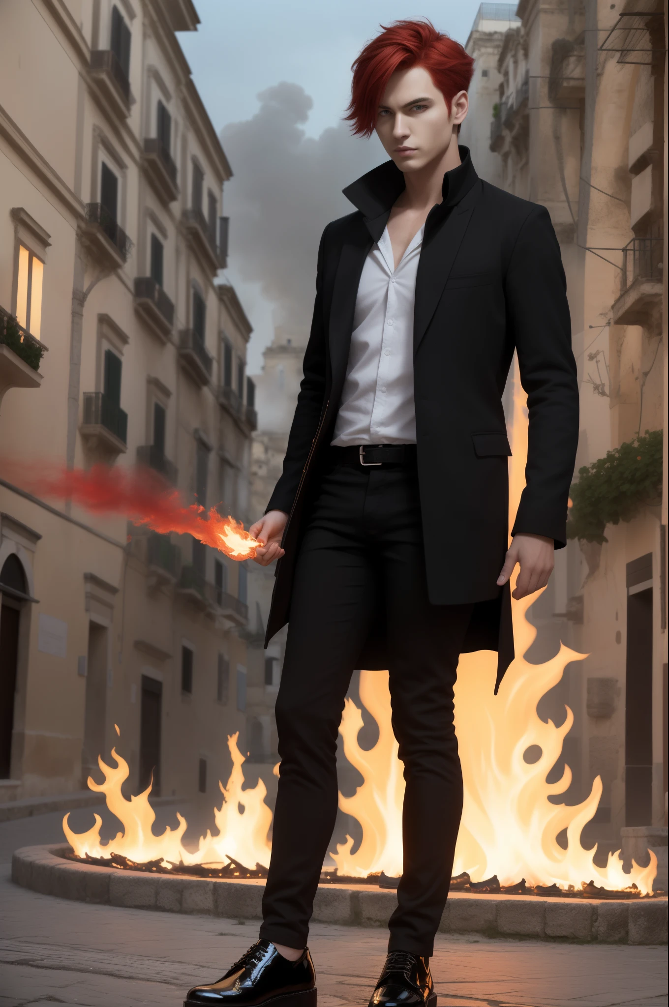 ((([Red Hair]))), Bishonen, Ultra Realistic 8K, Picture-Perfect Face, Perfect, Clean, Masterpiece, Professional Artwork, Famous Artwork, With fire, Fire Garden, Princess, (in sassi_di_matera), ((([in city of Matera]))), ultra-thin lines and clear details create the illusion of a three-dimensional image, full body image, solo, (full body), ((black shoes))