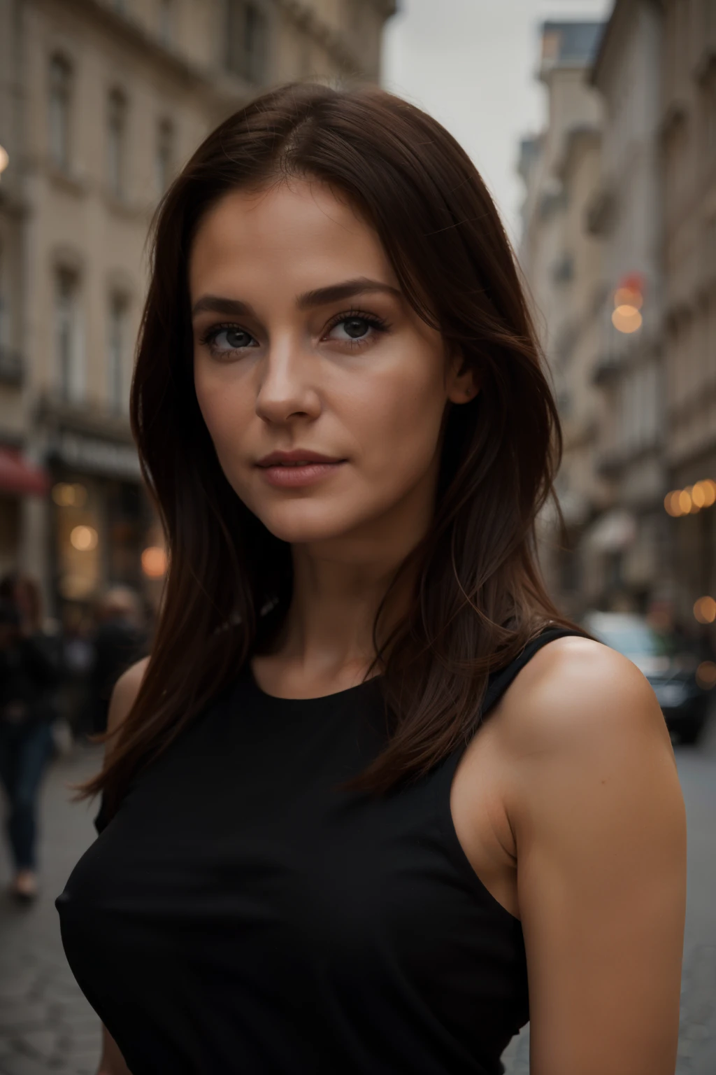 Photographie dune fille ROUSSE magnifique, Dans la ville, portant un t-shirt noir, enjoying, Fille, summer, Fille chaude, (((taille moyenne du buste))), cheveux bruns, long_Cheveux, Look into the camera, symmetrical face, Fotorealistisch, Photographie, Spectacular lighting,, splendide, occidental, (masterpiece), best quality, high resolution, extremely detailed, Peau avec pores, blured background, Profondeur de champ, cinema lighting