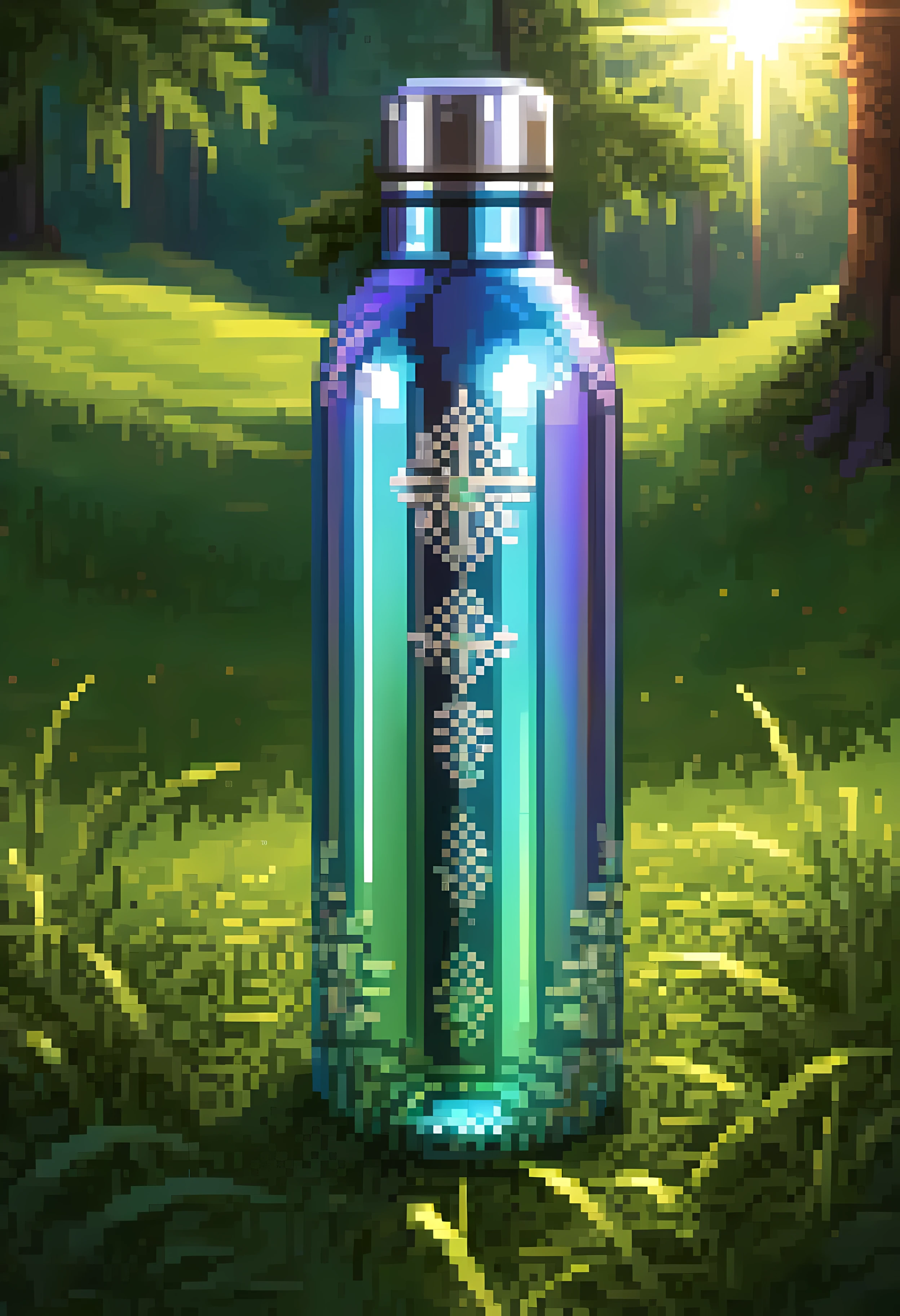 Pixel art, a close-up image of a luxurious high-end water bottle crafted from premium materials like polished stainless steel, precision cap and (unique gothic engravings), standing amidst lush grass, the (iridescent light rays) coming through the bottle, masterpiece in maximum 16K resolution, superb quality. | ((More_Detail))