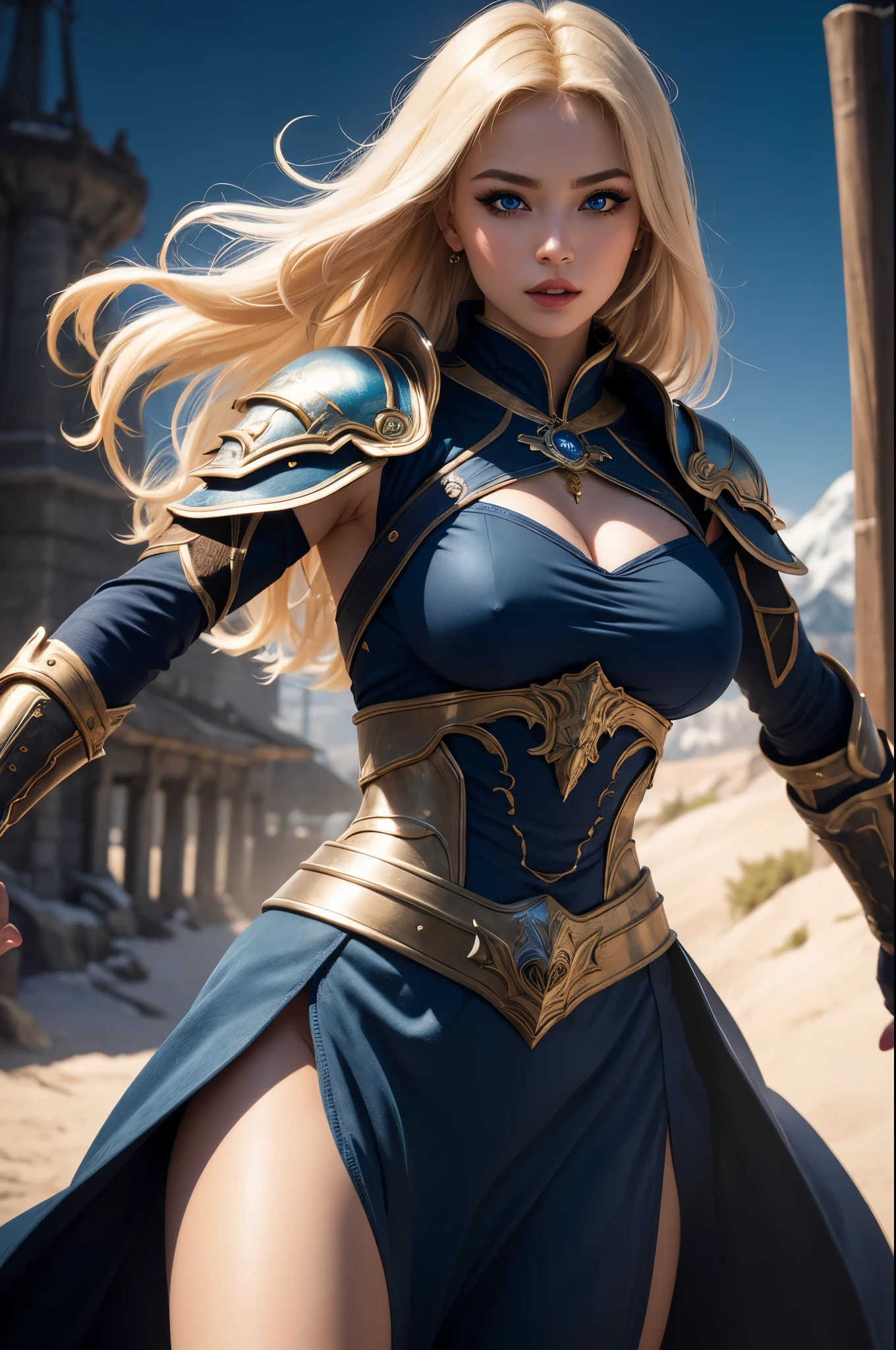 8k,(masterpiece:1.2), (highest quality:1.2), perfect eyes, perfect face, Volume illumination, 1, warrior's life, super beautiful(like the real thing), super realistic skin,blue eyes,big and full breasts,armor, luxurious blue and white robe, lean muscular body,blonde hair, pauldron, sword, internal, grim expression, fantasy, outdoors, detailed background, compensate, lipstick, eye shadow, mascara, thick eyelashes,Sexy,超A high resolution,surreal,masterpiece,highest qualityのフォトリアリスティックなRAW写真。bright colors,rich colors, Backlight, cinematic lighting, film grain, to be born, 50mm lens, Nikon D850,detailed character art,fantasyアート,ultra high resolution,super realistic skin,Perfect hand shape,mountainous area,beautiful expression,dynamic pose,fighting pose,fighting stance,