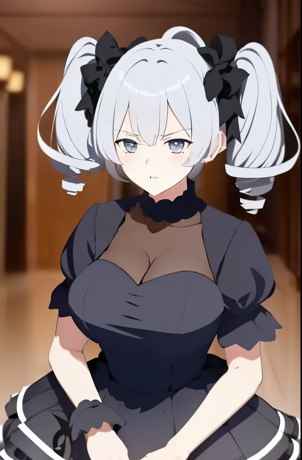  1girl, solo, looking at viewer, half open eyes, detailed eyes, angry, mad, blushing, bangs, blue eyes, , dress, bow, twintails, white hair, short sleeves, hair bow, puffy ses, black dress, black bow, drill hair, twin drills, cleavage, u, close up,
