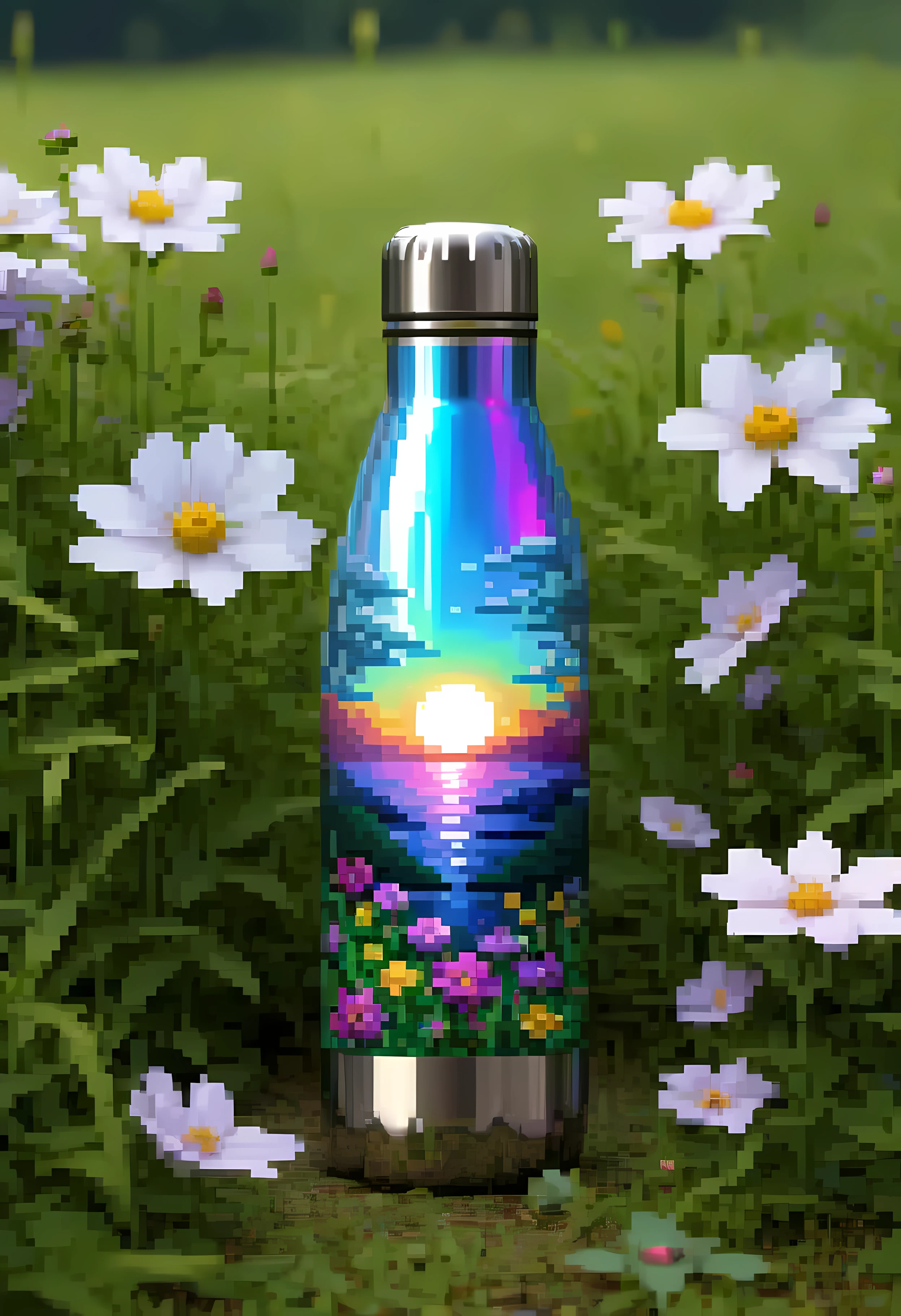 Pixel art, a close-up image of a luxurious high-end water bottle crafted from premium materials like polished stainless steel, precision cap and (unique gothic engravings), standing amidst lush grass, (wildflowers), the (iridescent moonlight rays) coming through the bottle, masterpiece in maximum 16K resolution, superb quality. | ((More_Detail))