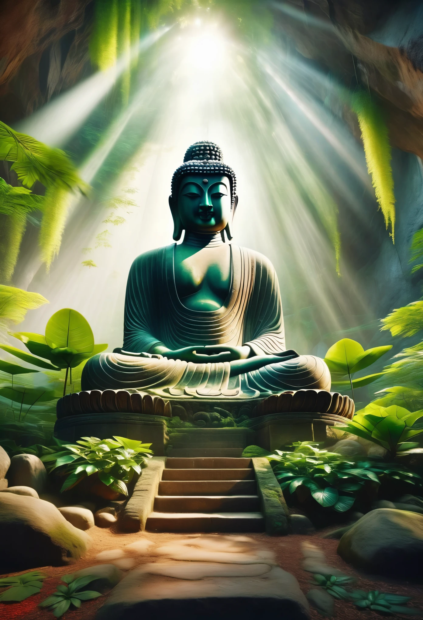 (best quality, high resolution, Super detailed), Surrealism, Realistic texture, Buddha statue in a cave, Be one with nature, Tyndall light shot, Realistic skin texture, Depth and size, peaceful atmosphere，mist，Light laser exposure，Tyndall effect:1.37，The beam shines on the face of the stone statue，Stairs lead to him，Ancient stone Buddha statue buried in the soil，Moss on the stone statue，Sunlight shines in from the window，light shines on face：1.37，Lush plants：1.37，a red fox