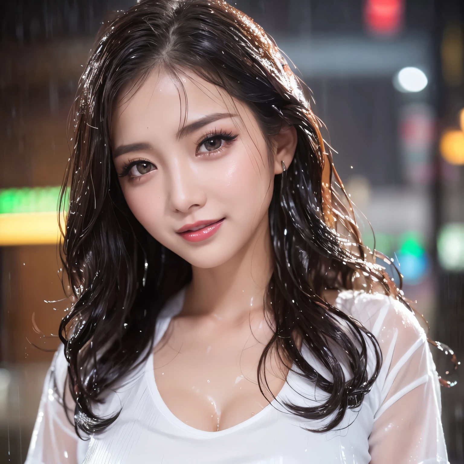 (table top、highest quality、8k、Award-winning work、ultra high resolution)、one beautiful woman、(soaking wet white shirt:1.2)、(soaking wet blonde:1.2)、(Drenched hair:1.2)、(Drenched and shiny hair:1.2)、(My skin is visible through my soaking wet shirt:1.2)、(wet skin:1.2)、(Super high-definition fine real water splashes:1.2)、(Perfect and most natural ultra-high definition water splashes:1.2)、color contacts、perfect makeup、long eyelashes、beautiful eyeshadow、bright and glossy lipstick、(huge breasts:1.1)、Very long wavy hair、the biggest smile when you look at me、(Most emphasize the body line:1.1)、(very heavy rain:1.2)、(heavy rain:1.2)、(wet and shiny skin:1.2)、(A woman whose whole body is soaked wet:1.2)、(close up of face:1.3)、(Strongly blurred lively Shibuya city background:1.1)、(Strongly blurred background:1.1)、accurate anatomy、ultra high definition hair、ultra high resolutionの完璧な美しい歯、Ultra high definition beauty face、ultra high definition hair、Super high-definition sparkling eyes、輝くultra high resolutionの美肌、ultra high resolutionの艶やかな唇