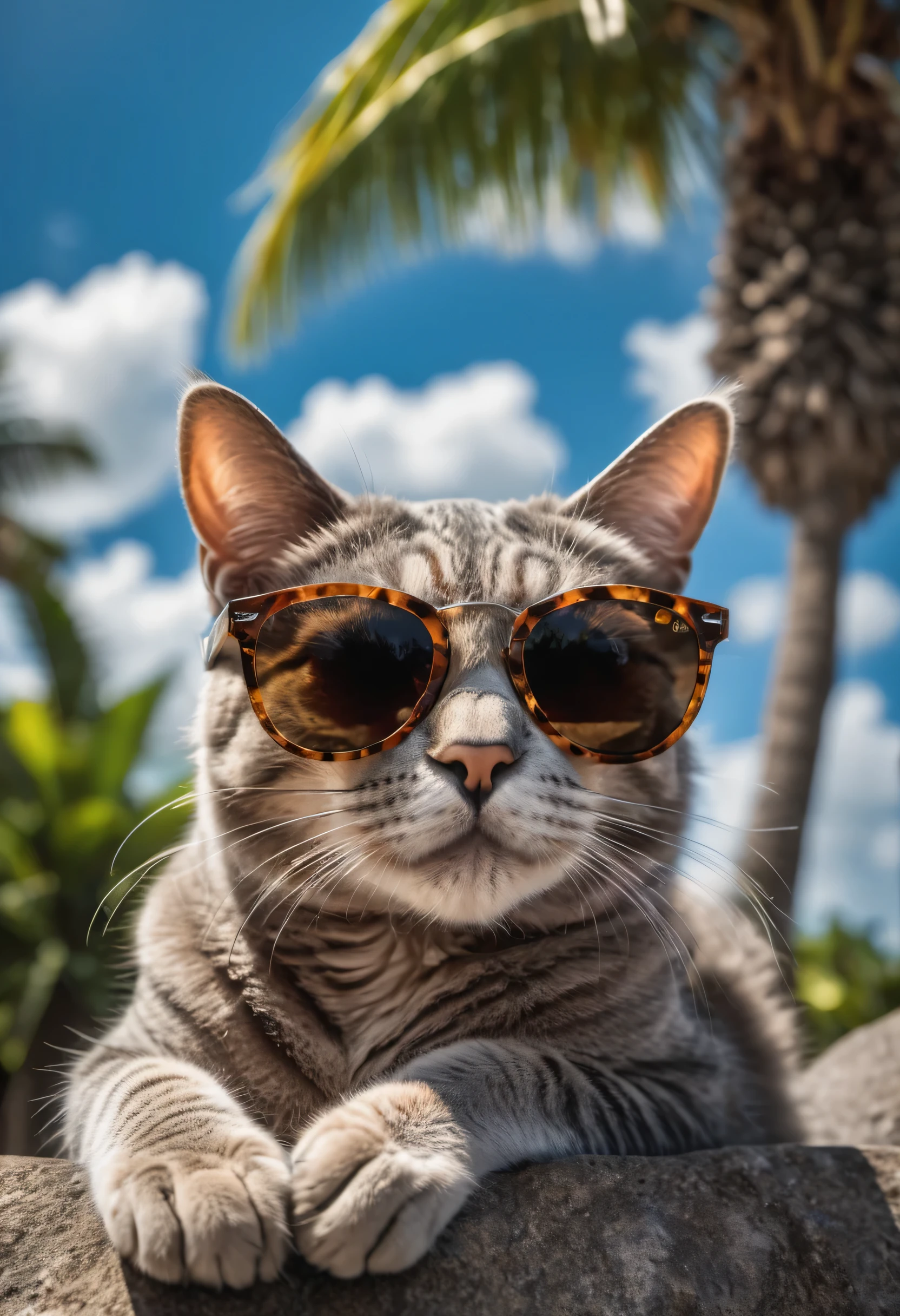 hyper detailed photograph of a cat wearing sunglasses under a tropical sky, daytime,|photographic, realism pushed to extreme, fine texture, incredibly lifelike, cinematic, large format camera, photo realism, DSLR, 8k uhd, hdr, ultra-detailed, high quality, high contrast