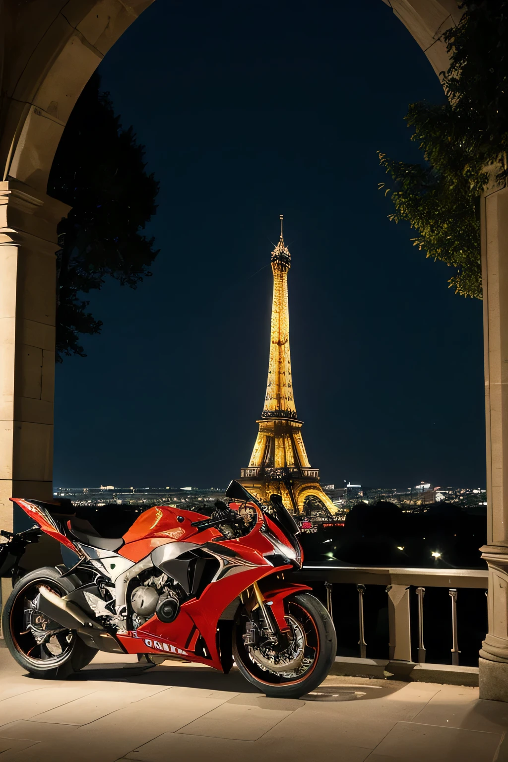 The Honda CBR 1000R stands majestically against the backdrop of the Eiffel Tower, enveloped in the magical play of light at dusk. Die filigranen Eisenstrukturen des Turms schimmern in den sanften Strahlen der untergehenden Sonne, as if they were surrounded by a golden veil. The scene is filled with an atmosphere full of romance and magic, as the last rays of sun of the day shimmer through the elegant arches and lines of the tower, reveals the secret of this iconic landmark. The warm glow of the surroundings bathes the streets and buildings in a soft light, This brings out the beauty of Paris even more. Vor dieser Kulisse strahlt die Honda CBR 1000R eine Aura von Kraft und Eleganz aus, while she stands in the middle of this unforgettable backdrop. Es ist ein Anblick, that touches the soul and fills the hearts of the viewer with admiration, as the night slowly spreads its cloak over the city of love.
