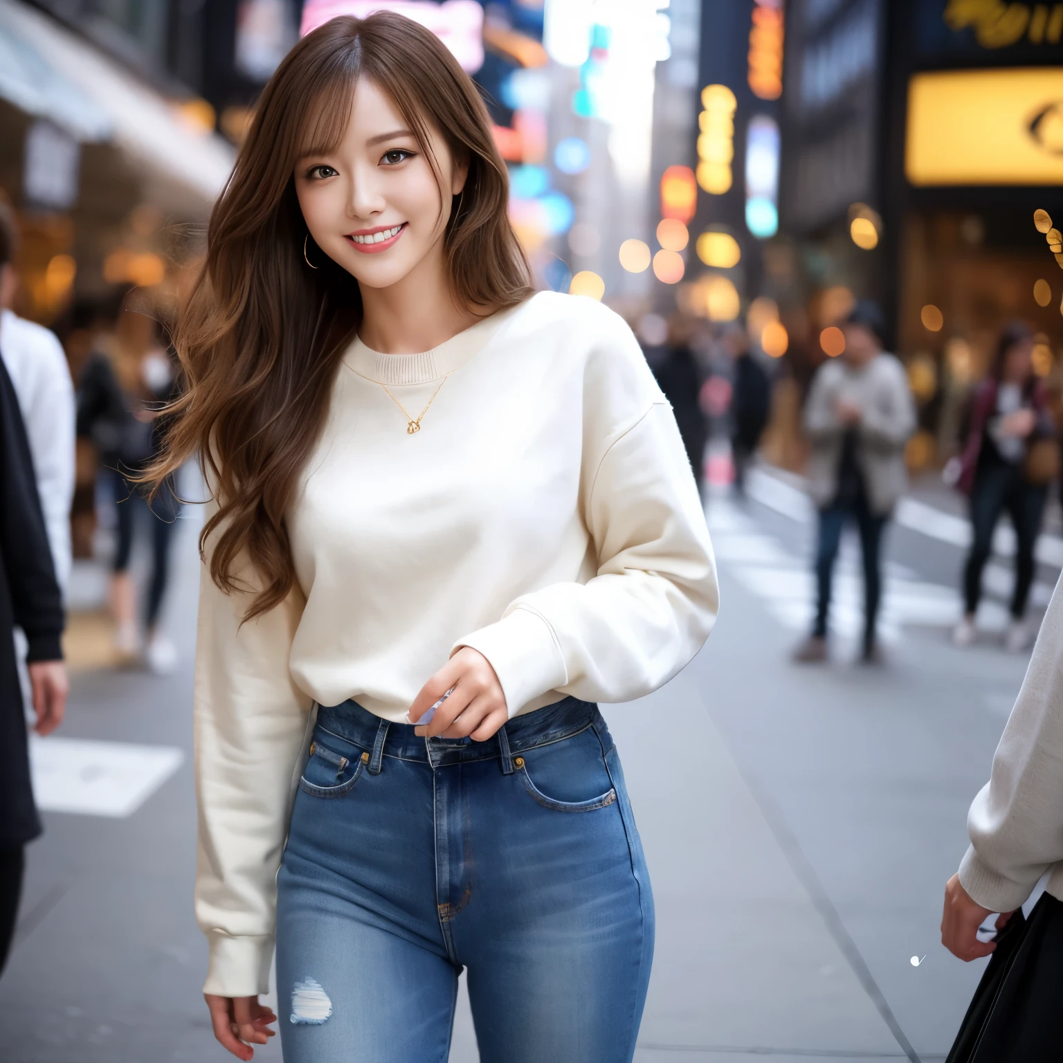 (table top、highest quality、8k、Award-winning work、ultra high resolution)、one beautiful woman、(The perfect and most natural long sleeve casual sweatshirt:1.1)、(The most natural and perfect skinny distressed jeans:1.2)、(Elegant and perfect clothes with a causal relationship:1.1)、(Clothes colors that have a causal relationship:1.1)、(blonde:1.1)、color contacts、glitter makeup、Glitter powder around the eyes、(big breasts:1.3)、Very long wavy hair、(romantic love feelings:1.1)、the biggest smile when you look at me、(Most emphasize the body line:1.1)、(Strongly blurred lively Shibuya city background:1.1)、(Strongly blurred background:1.1)、accurate anatomy、ultra high definition hair、ultra high resolutionの完璧な美しい歯、Ultra high definition beauty face、ultra high definition hair、Super high-definition sparkling eyes、輝くultra high resolutionの美肌、ultra high resolutionの艶やかな唇、(full body photo:1.1)、(long legs:1.1)