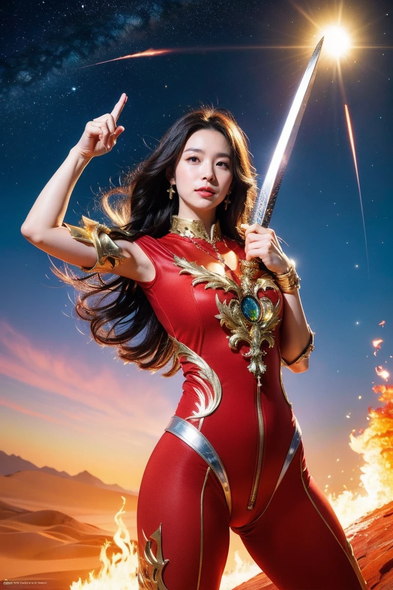 highest quality, masterpiece, realistic, High resolution, 8k RAW写真, 1 girl、long hair、goddess、has a decorated sword、Swing your sword up、((glamor body:1.3))、(Red bodysuit with flame motif、gold edge)、silver pendant、silver earrings、(((action pose)))、(planet where the sun can be seen)、(Many prominences in the sky)