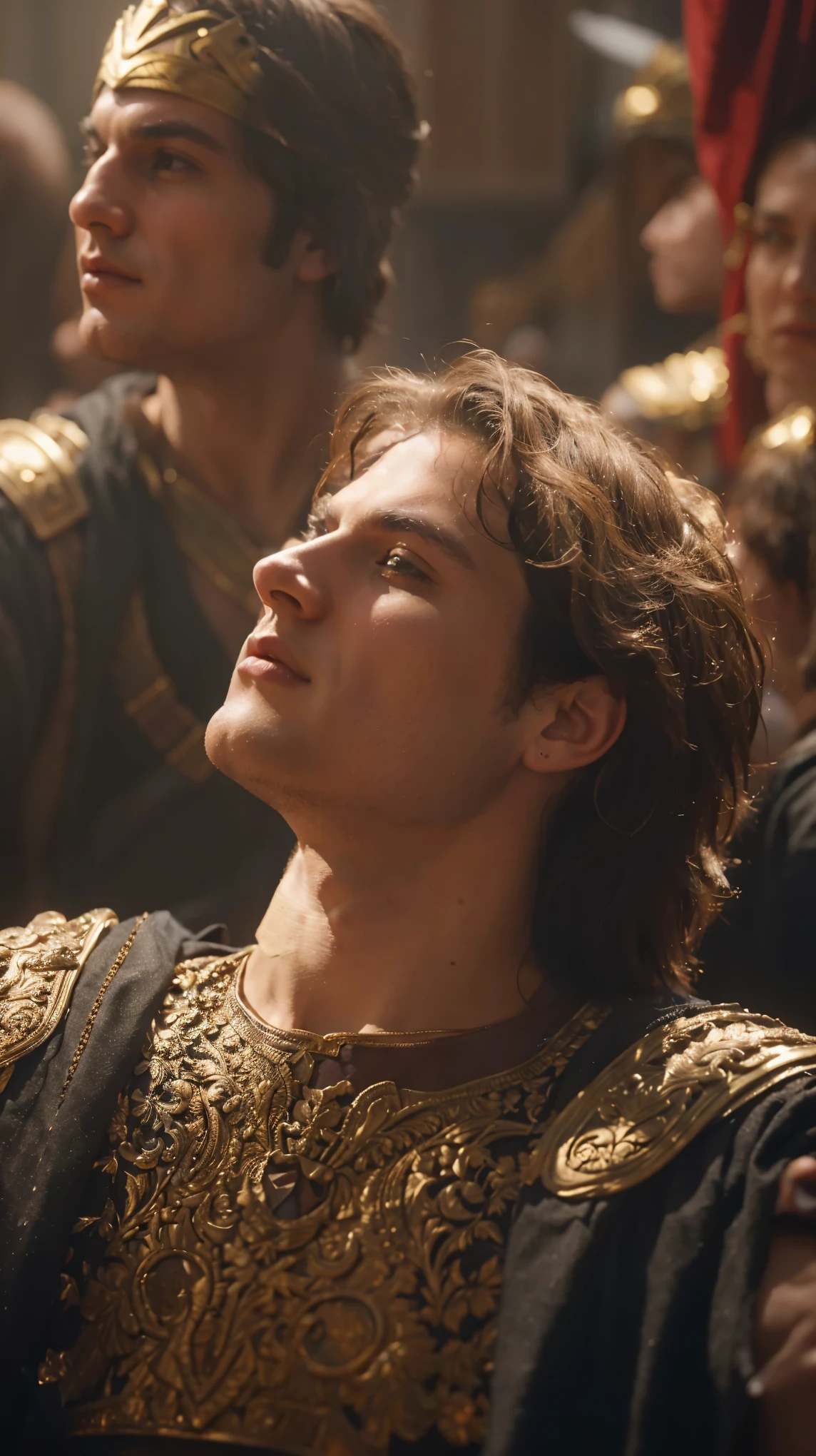 Alexander sitting in a crowd of people, henry cavill as a greek god, is a greek god, henry cavill as a warrior, alexander, paul atreides, inspired by Frederick Lord Leighton, paul atreides as emperor of dune, handsome, handsome prince of persia, handsome prince, daniel, beautiful androgynous prince, frank dicksee