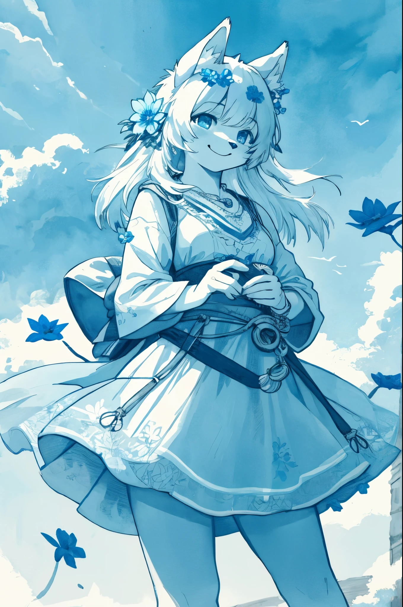 monochrome, watercolor, highres, top quality, best quality, paid reward available, High-quality illustrations, unparalleled masterpiece, perfect artwork, absurdres, 1girl, kemono, furry, detailed body fur, animal face, animal hand, Archaic Smile, holding a cluster of sky blue flower in both hands, which are positioned at chest level, She is wearing a simple ring on the ring finger of her left hand, unfocused spread of sky blue flower, fan-created work shared on platforms Pixiv or Twitter,