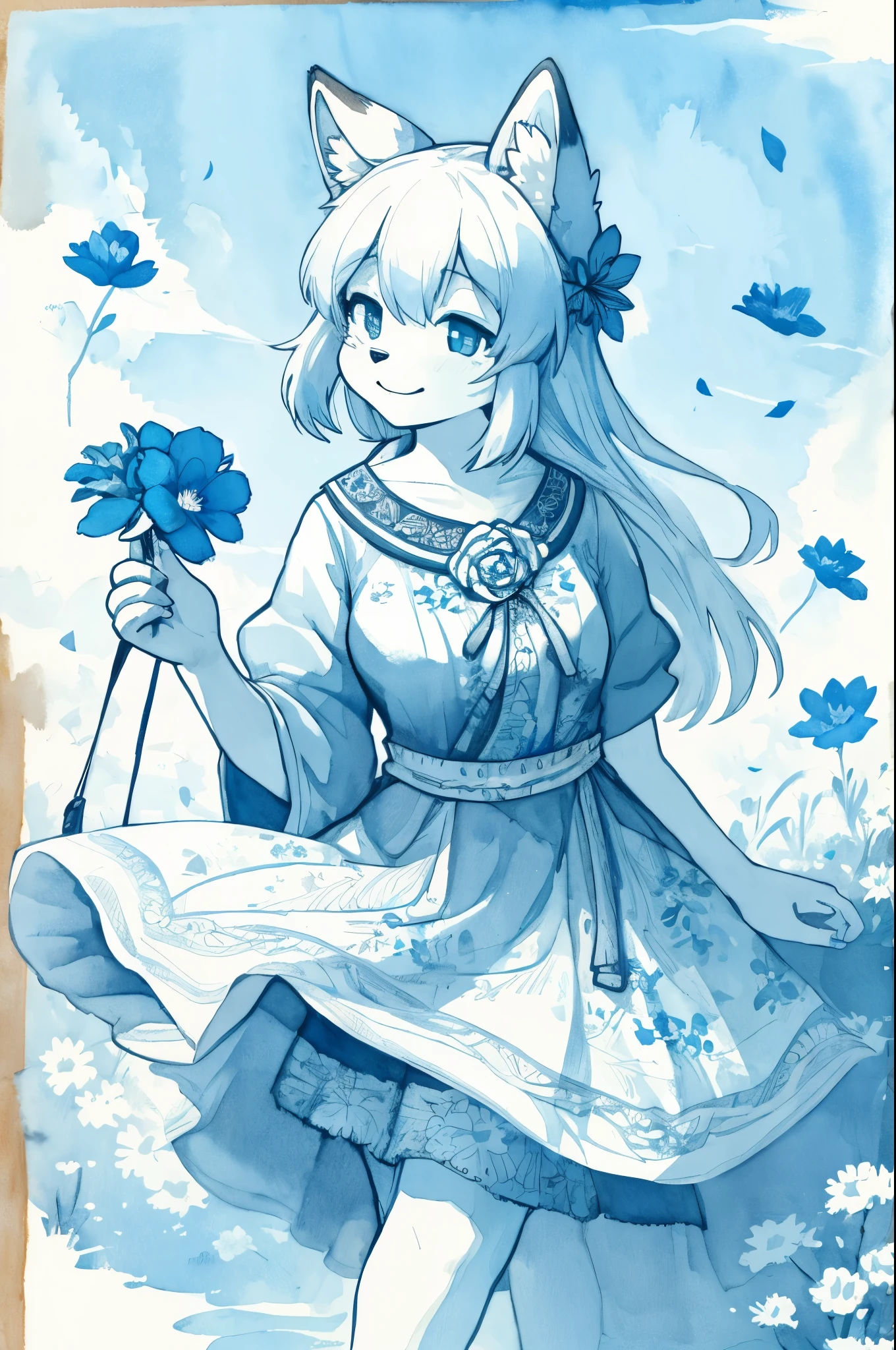 monochrome, watercolor, highres, top quality, best quality, paid reward available, High-quality illustrations, unparalleled masterpiece, perfect artwork, absurdres, 1girl, kemono, furry, detailed body fur, animal face, animal hand, Archaic Smile, holding a cluster of sky blue flower in both hands, which are positioned at chest level, She is wearing a simple ring on the ring finger of her left hand, unfocused spread of sky blue flower, fan-created work shared on platforms Pixiv or Twitter,