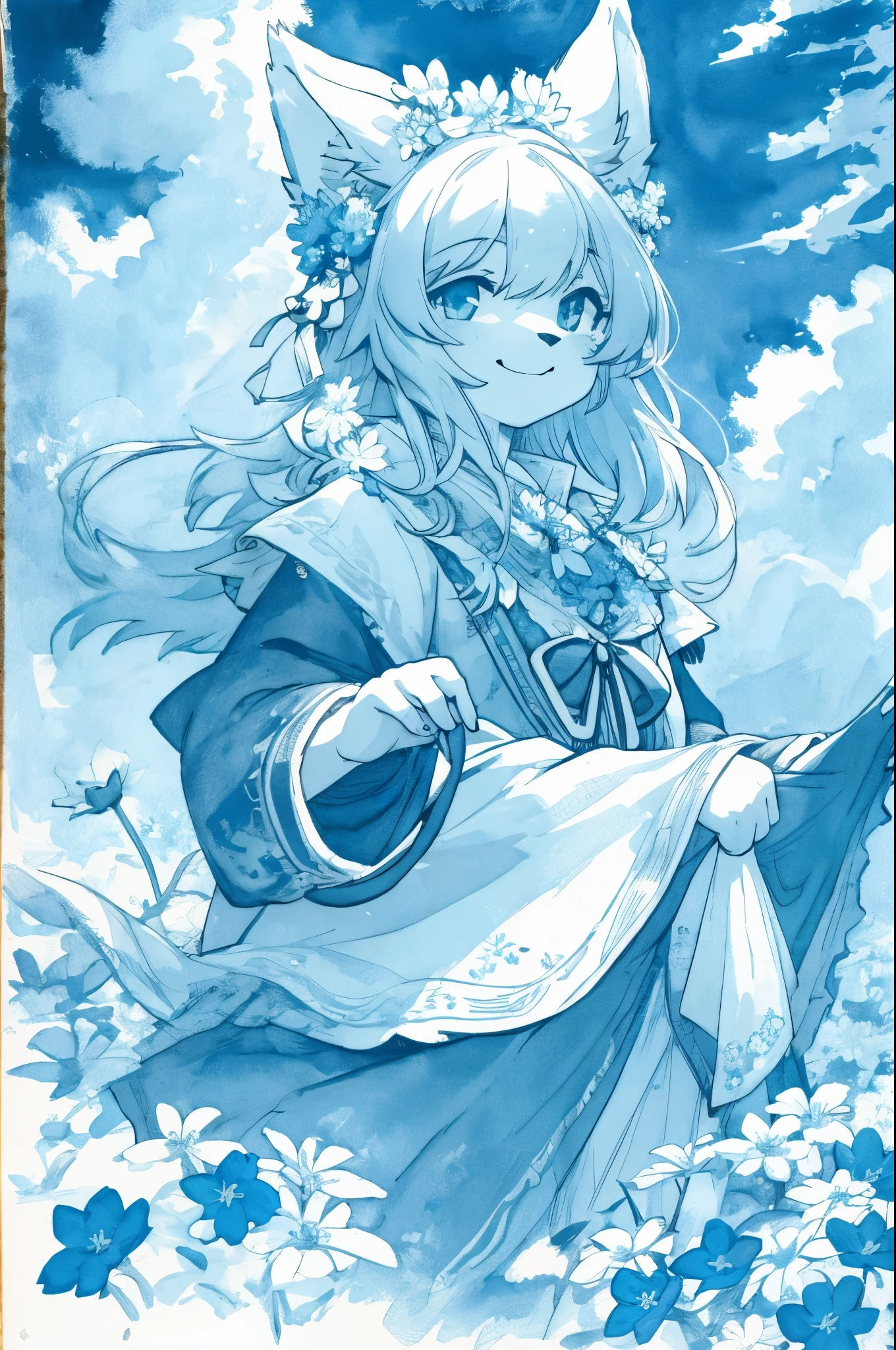 monochrome, watercolor, highres, top quality, best quality, paid reward available, High-quality illustrations, unparalleled masterpiece, perfect artwork, absurdres, 1girl, kemono, furry, detailed body fur, animal face, animal hand, Archaic Smile, holding a cluster of sky blue flower in both hands, which are positioned at chest level, She is wearing a simple ring on the ring finger of her left hand, unfocused spread of sky blue flower, fan-created work shared on platforms Pixiv or Twitter,