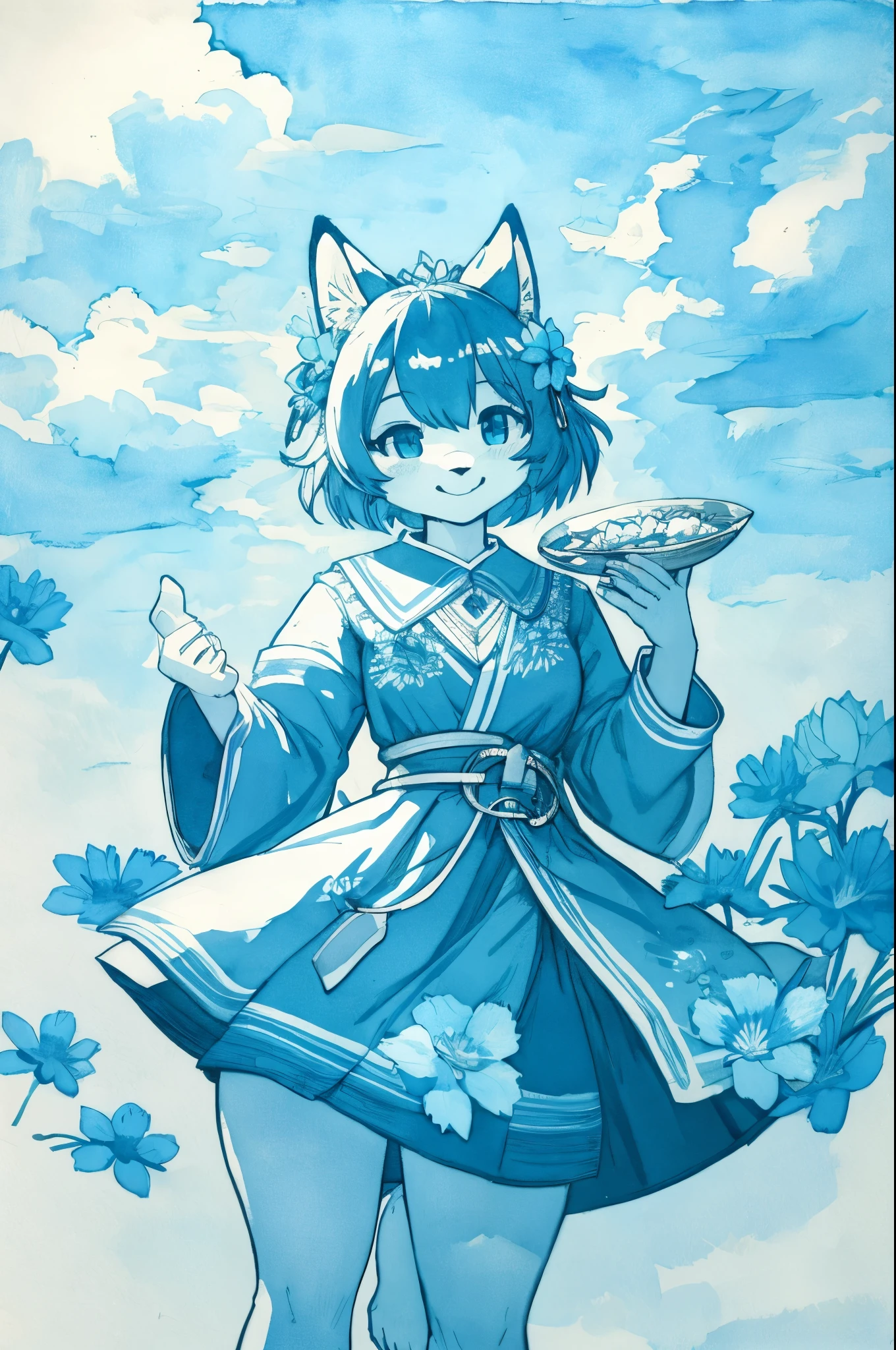 monochrome, watercolor, highres, top quality, best quality, paid reward available, High-quality illustrations, unparalleled masterpiece, perfect artwork, absurdres, 1girl, kemono, furry, detailed body fur, animal face, animal hand, Archaic Smile, holding a cluster of sky blue flower in both hands, which are positioned at chest level, She is wearing a simple ring on the ring finger of her left hand, unfocused spread of sky blue flower, fan-created work shared on platforms Pixiv or Twitter,