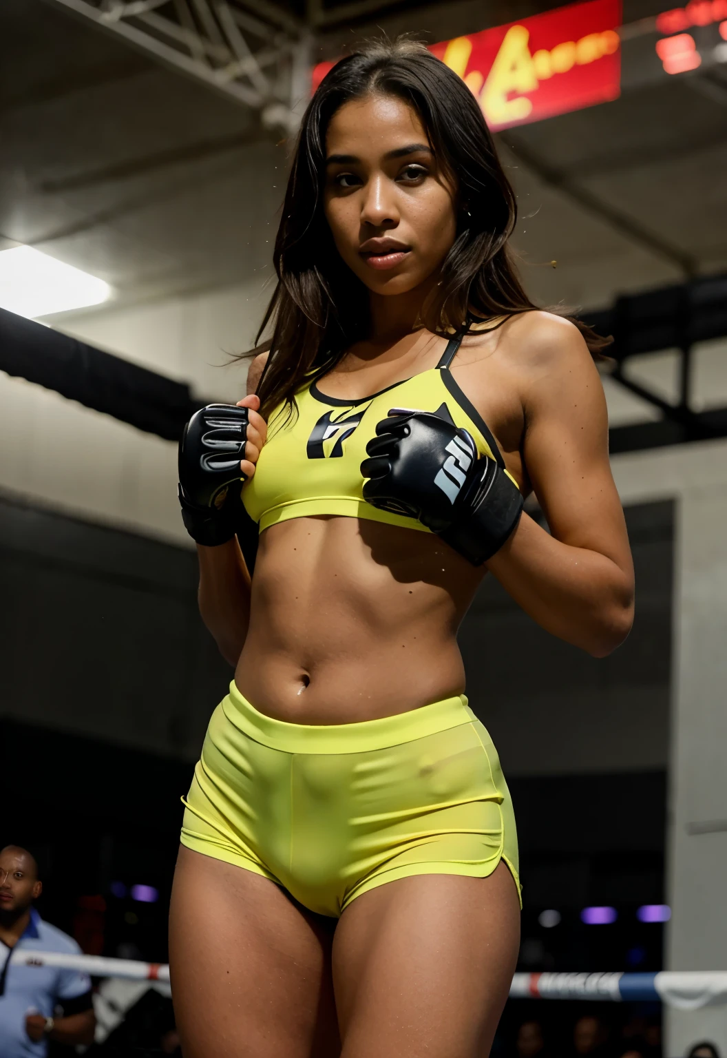 Beautiful Somalia / Dominican girl , detailed facial features, with perfect body, beautiful lips , athletic body , in a mma ring , wearing ufc tight shorts , wearing ufc gloves , black and gold