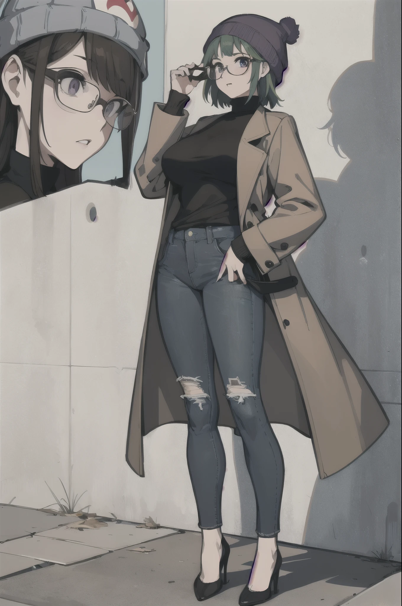 (masterpiece:1.2, highest quality), (graffiti wall:1.15), 1 female, Beanie hat, brown long coat, denim pants、pumps、Glasses, short hair、Bangs Patsun、green hair、purple eyes、eat cake、big breasts、beautiful feet、Long Bottom