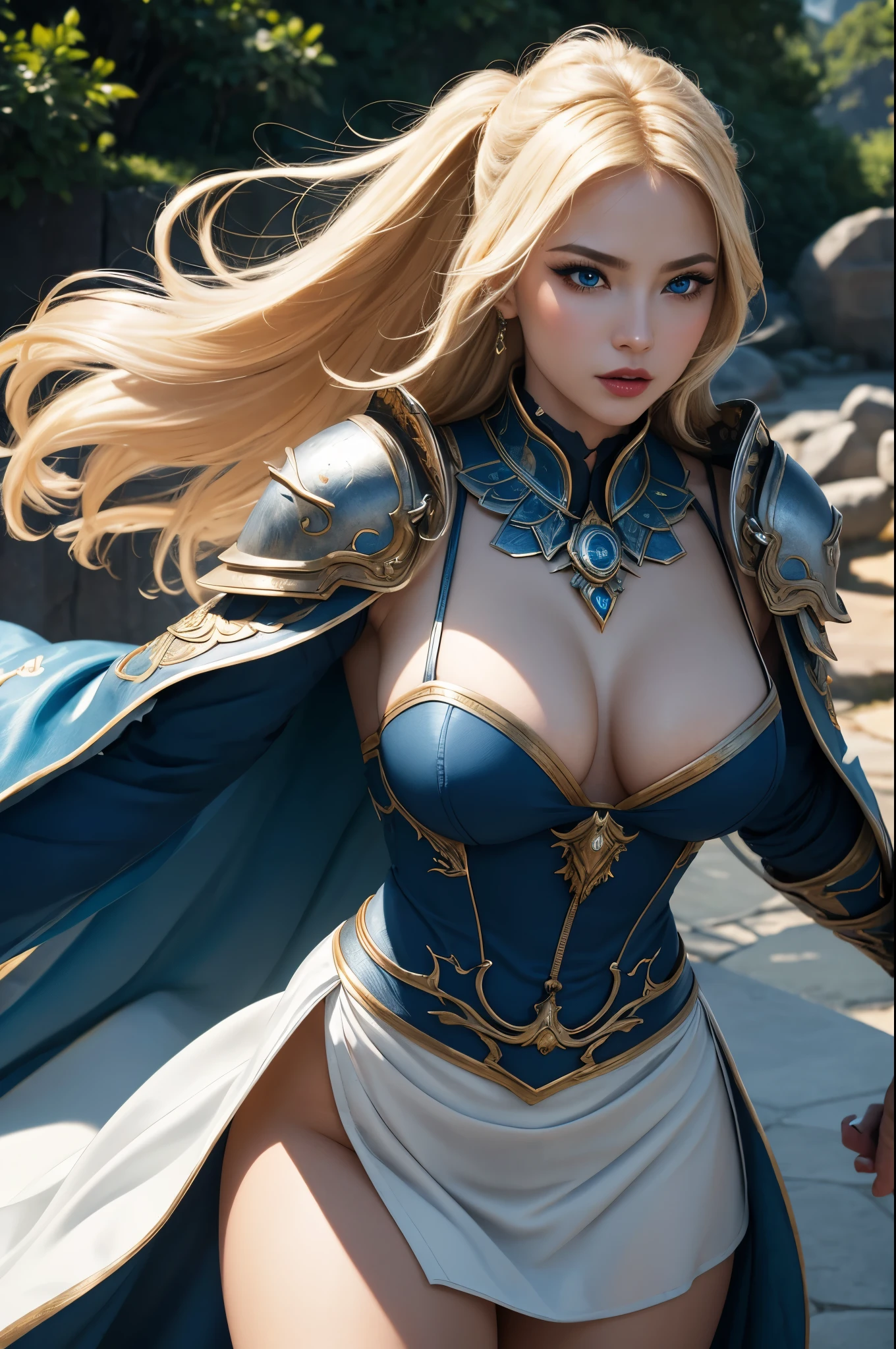 8k,(masterpiece:1.2), (highest quality:1.2), perfect eyes, perfect face, Volume illumination, 1, warrior's life, super beautiful(like the real thing), super realistic skin,blue eyes,big and full breasts,armor, luxurious blue and white robe, lean muscular body,blonde hair, pauldron, sword, internal, grim expression, fantasy, outdoors, detailed background, compensate, lipstick, eye shadow, mascara, thick eyelashes,Sexy,超A high resolution,surreal,masterpiece,highest qualityのフォトリアリスティックなRAW写真。bright colors,rich colors, Backlight, cinematic lighting, film grain, to be born, 50mm lens, Nikon D850,detailed character art,fantasyアート,ultra high resolution,super realistic skin,Perfect hand shape,mountainous area,beautiful expression,dynamic pose,fighting pose,fighting stance,blue and white long skirt,Violent and strongly cracked abdominal muscles,