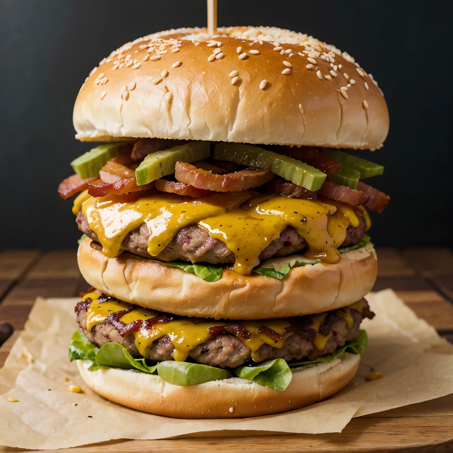 Handmade burger, carne suculenta, bacon crocante, banana da terra frita, queijo mussarela, presunto, ovo
