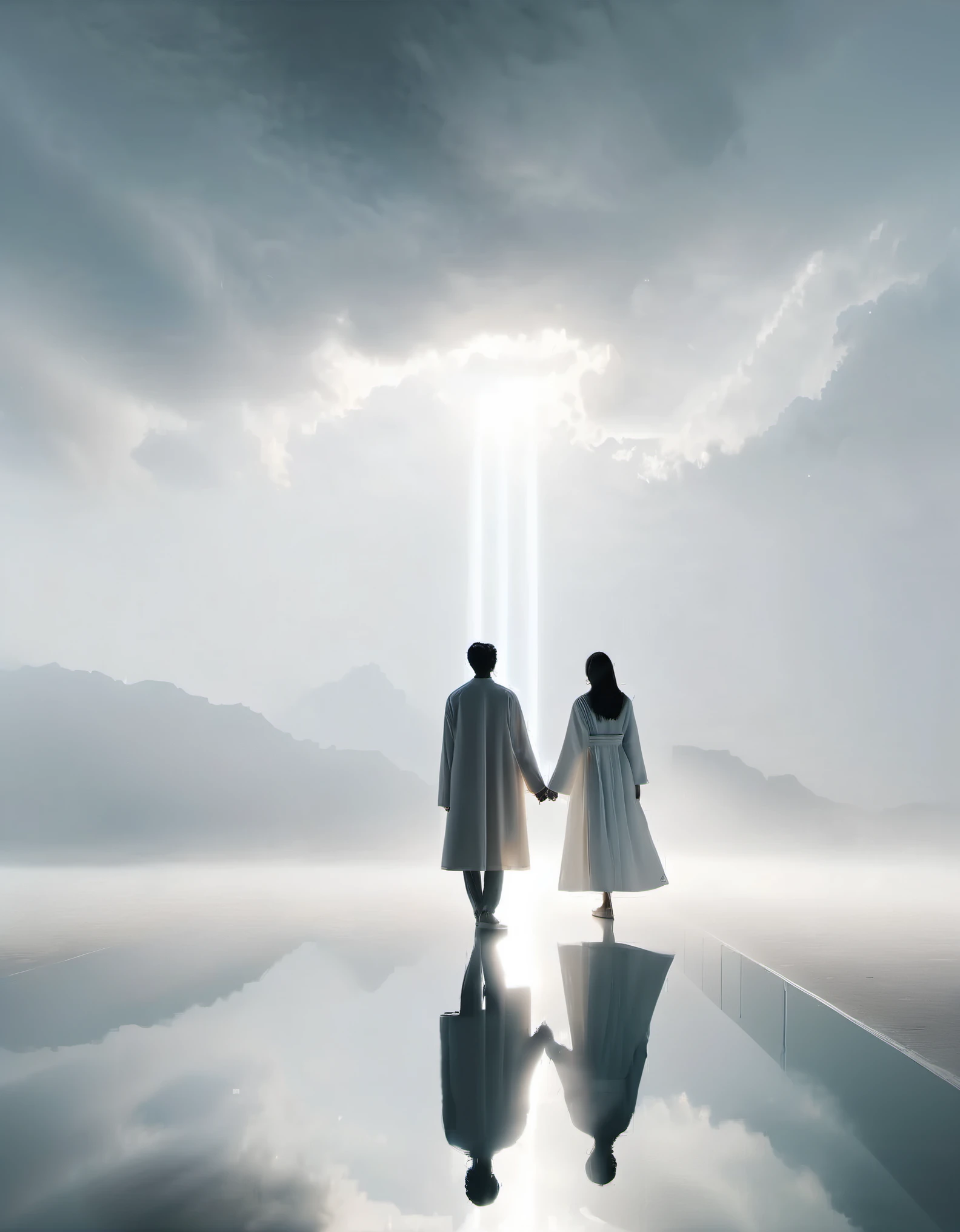 Dingdar phenomenon, minimalist and beautiful couple portraits, beams of light, clouds, mist, reflections, professional, white Zen minimalist aesthetics, desktop wallpaper