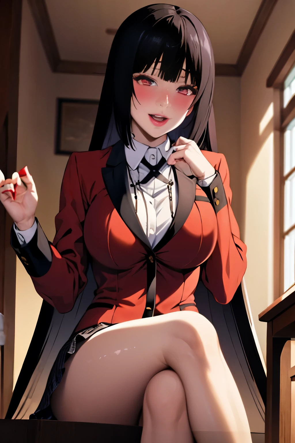 masterpiece, highest quality, High resolution, hmjy1, long hair, dull bangs, school uniform, red jacket, black pantyhose, white shirt, black ribbon, pleated skirt, long sleeve, cowboy shot, shining eyes, blush, evil smile, sitting, classroom, dark background, crossed legs,