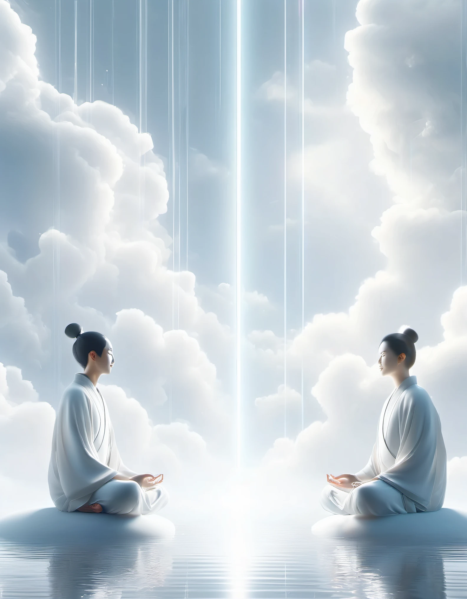 best quality,ultra-detailed,realistic,professional,zen aesthetic,light beams,clouds,mist,reflections,couple portraits,white minimalist,desktop wallpaper