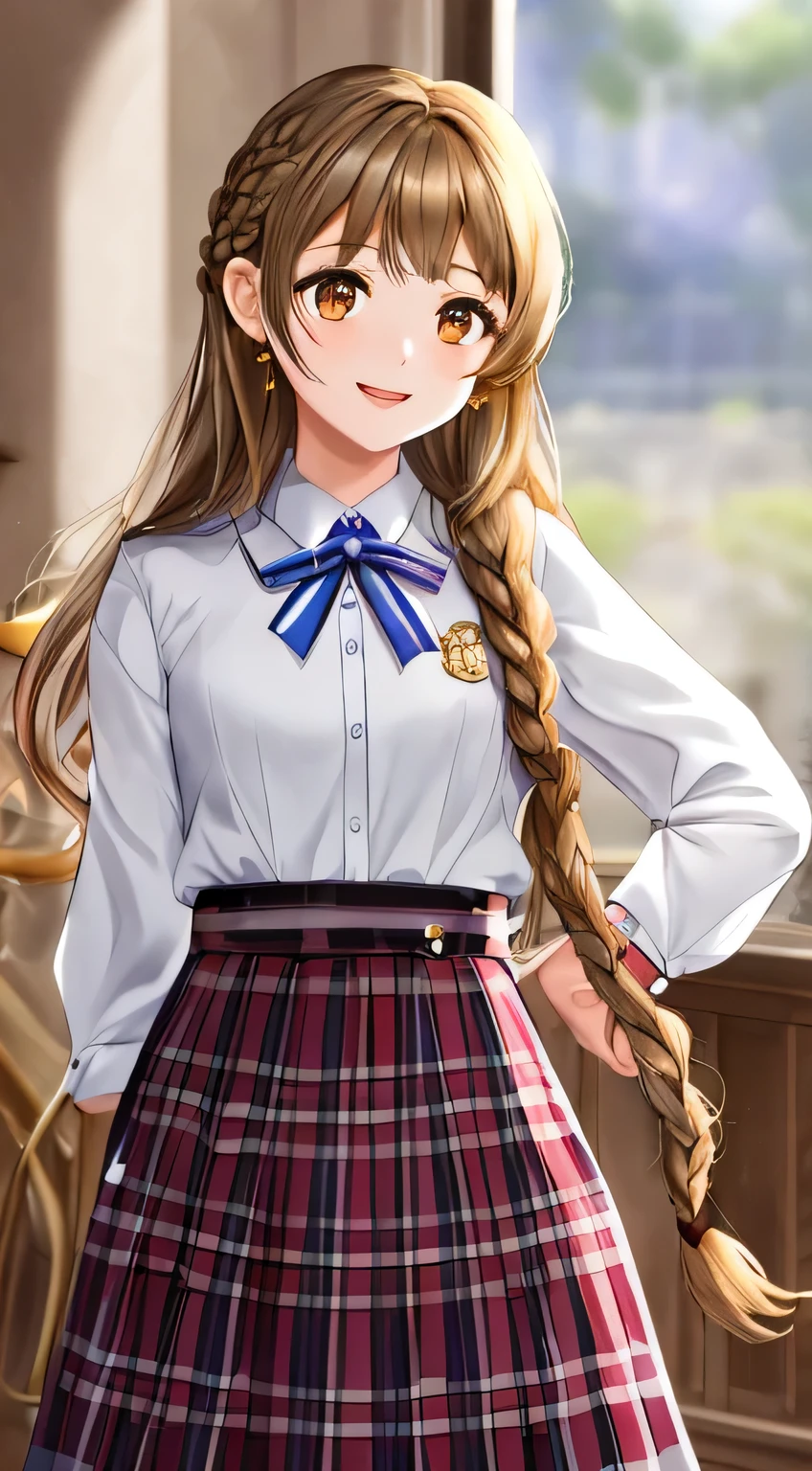 highest quality, (masterpiece:1.2), very detailed, A choir is singing a chant in the concert hall., 1 girl, Open your mouth with lipstick on it, nice smile, brown eyes, Long brown hair, 15 years old, long braids, big shiny hair clip, school uniform, Dark blue and navy plaid skirt, middle long skirt, white shirt, A luxurious navy blazer with a golden emblem on the left chest, big red ribbon on the chest, lipstick、very shiny hair、laughter、bright look、The light makes my face and hair shine, The corners of the eyes are drooping, cute braids, I'm so happy I can jump up, The expression of a maiden in love, (((twin braid hair))), The skirt fabric has a beautiful deep blue checkered pattern., A shy expression staring at the viewer, soprano voice, He looks up diagonally and sings with the most joyful expression on his face.