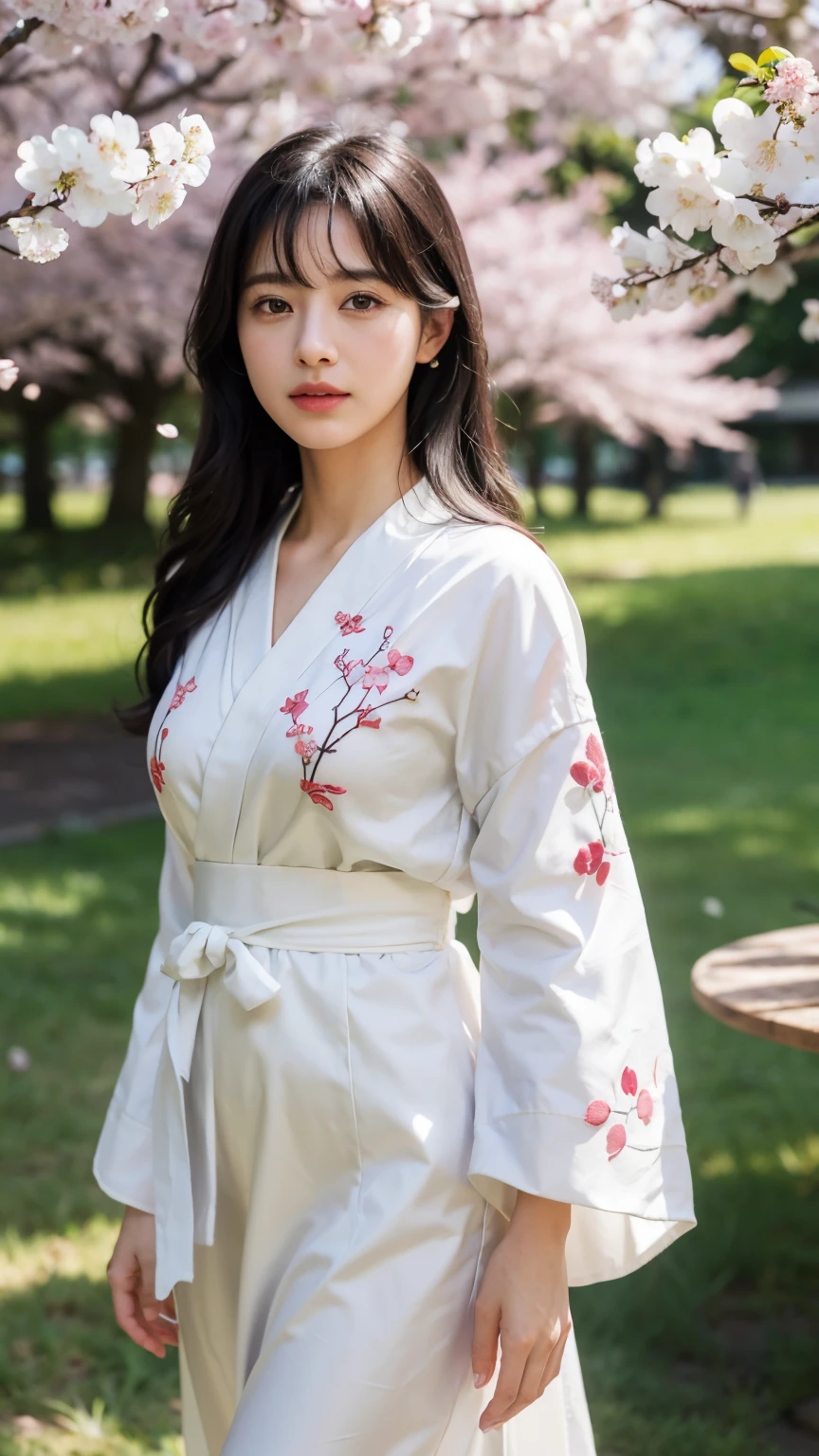 (logo、masterpiece、8k、table top、RAW photo、wonderful、最high quality、Photorealistic and hvery detailed CG integrated 8k wallpaper、high quality、very detailed、Narrative poem、particle effects、dynamic effects、written boundary depth、cinematic light、Lens flare、ray tracing)、fantasy、 (1 beautiful woman、white kimono、Japan Dress、white cherry blossom pattern、White cherry blossom embroidery pattern、black haired、beautiful face、real face、beautiful details eyes beautiful skin)、Hair flutters in Wind、hair bounces、pink cherry tree、petals dance、SakuraFubuki、wonderful景色、sunrise、sun on background、Wind、god々、teeth、god話、vast land、