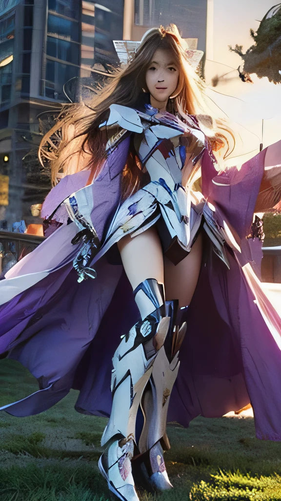 Textured skin, Super Detail, high details, High quality, Best Quality, hight resolution, 1080p, Gorgeous beauty、Girl with Beautiful Mecha Body、(Gundam) Girl with robot body, very very long long hair rapunzel, flying, full body, purple.