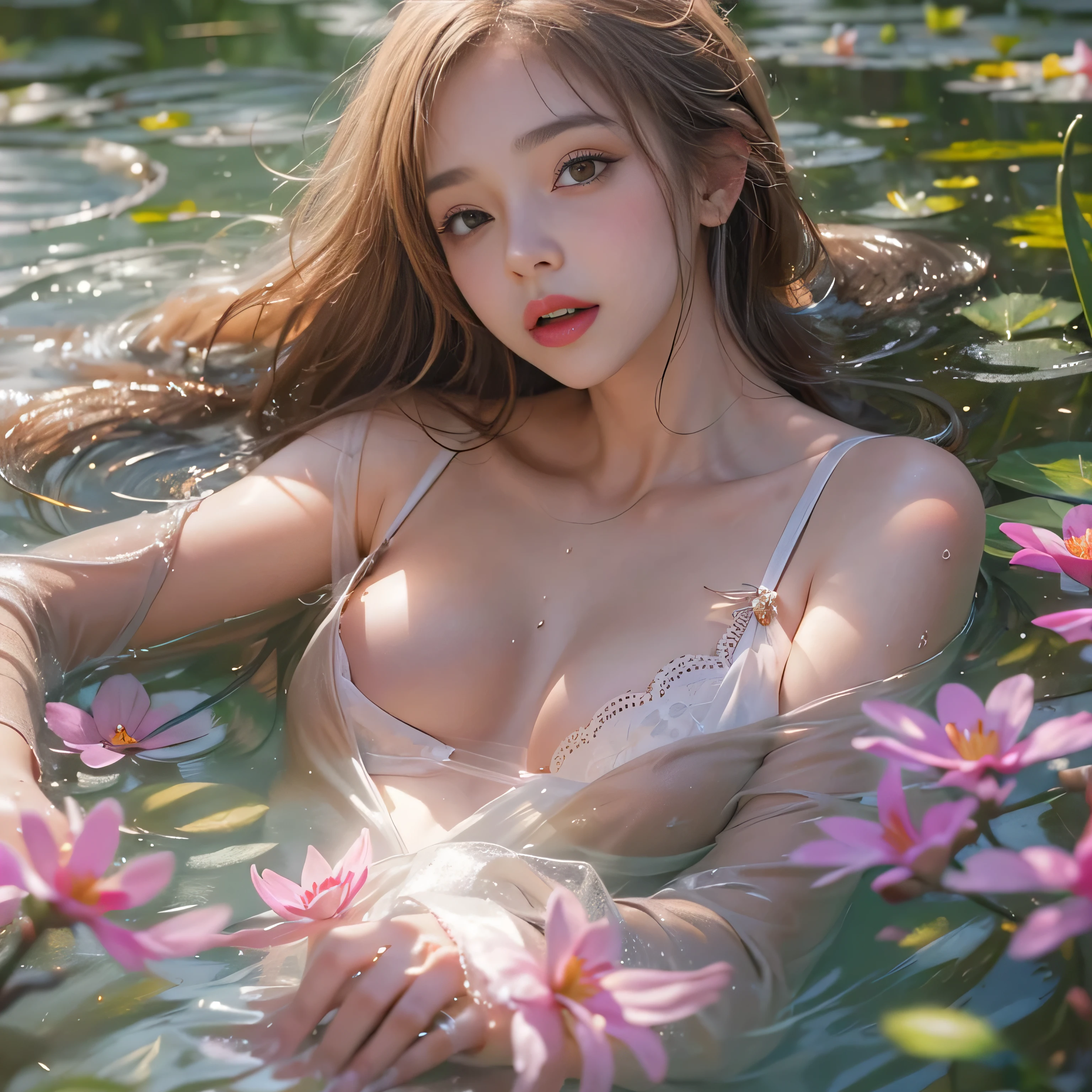 ((Beautiful woman lying in Monet's pond))、((Translucent white lace long dress))、1girl in, striated hair, Blonde hair, One side up, Shiny hair, Wet hair, Long hair, Monet, depth of fields, spark of light, letterbox, One-person viewpoint, Lens Flare, F/1.8, 135 mm, canon, wide angles, nffsw, retinas, masutepiece, Anatomically correct, Textured skin, Super Detail, high details, High quality, Best Quality, hight resolution, 1080p, hard disk、（open one's legs）、Seductive smile, glint, surrealism, Modern.((No bra))、((No panties))、（open one's legs）（shapely breasts,)、((sexypose)))、(camel's toe), tongue、Vaginal orchids、Runny Vaginal Discharge、Blowing tide、Very beautiful breasts、Grasp your breasts with both hands、 Spread your legs、sexual excitement、Sex Expressions、shinny skin。realisitic、Photorealsitic:1.37)、(Kpop Idol)、Medium Hair、(Pink blush)、(illuminating)、[[Open legs、Spread your legs apart]]、(solo)、dynamicposes、((erectile nipple))、(Puffy eyes:1.２)、 (Slim legs)、erotick、nffsw、Highly detailed ambient occlusion、超A high resolution, A hyper-realistic, Highly detailed,  ((she is soaking wet)).