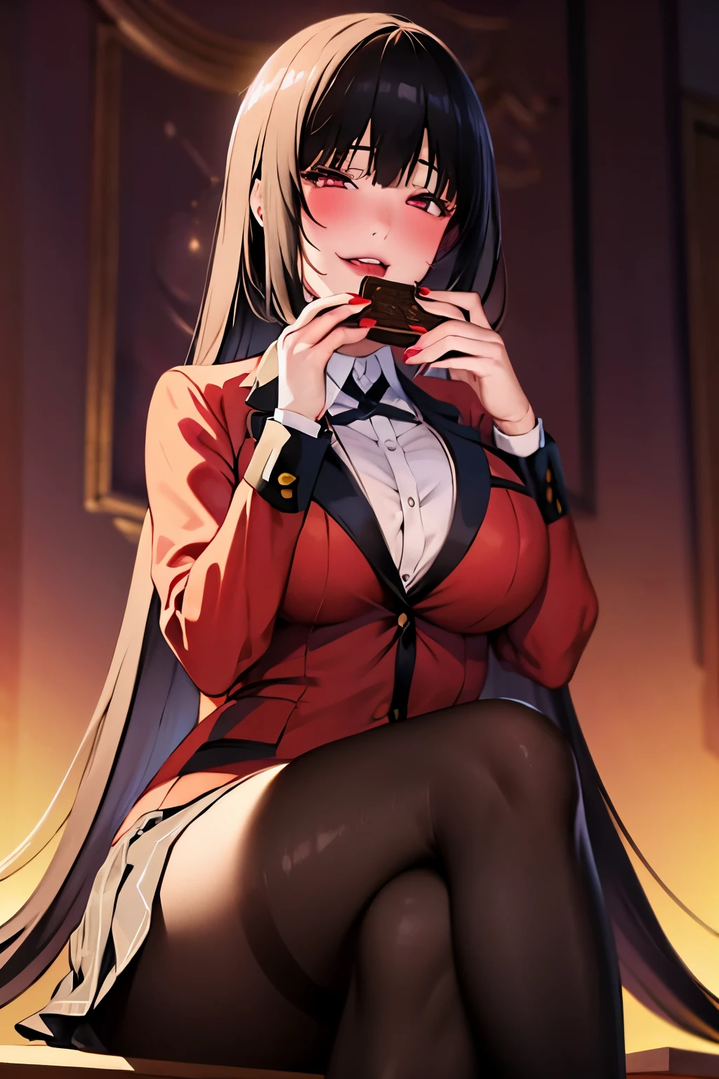 masterpiece, highest quality, High resolution, hmjy1, long hair, dull bangs, school uniform, red jacket, black pantyhose, white shirt, black ribbon, pleated skirt, long sleeve, cowboy shot, shining eyes, blush, evil smile, sitting, classroom, dark background, crossed legs, chocolate, caja de chocolate