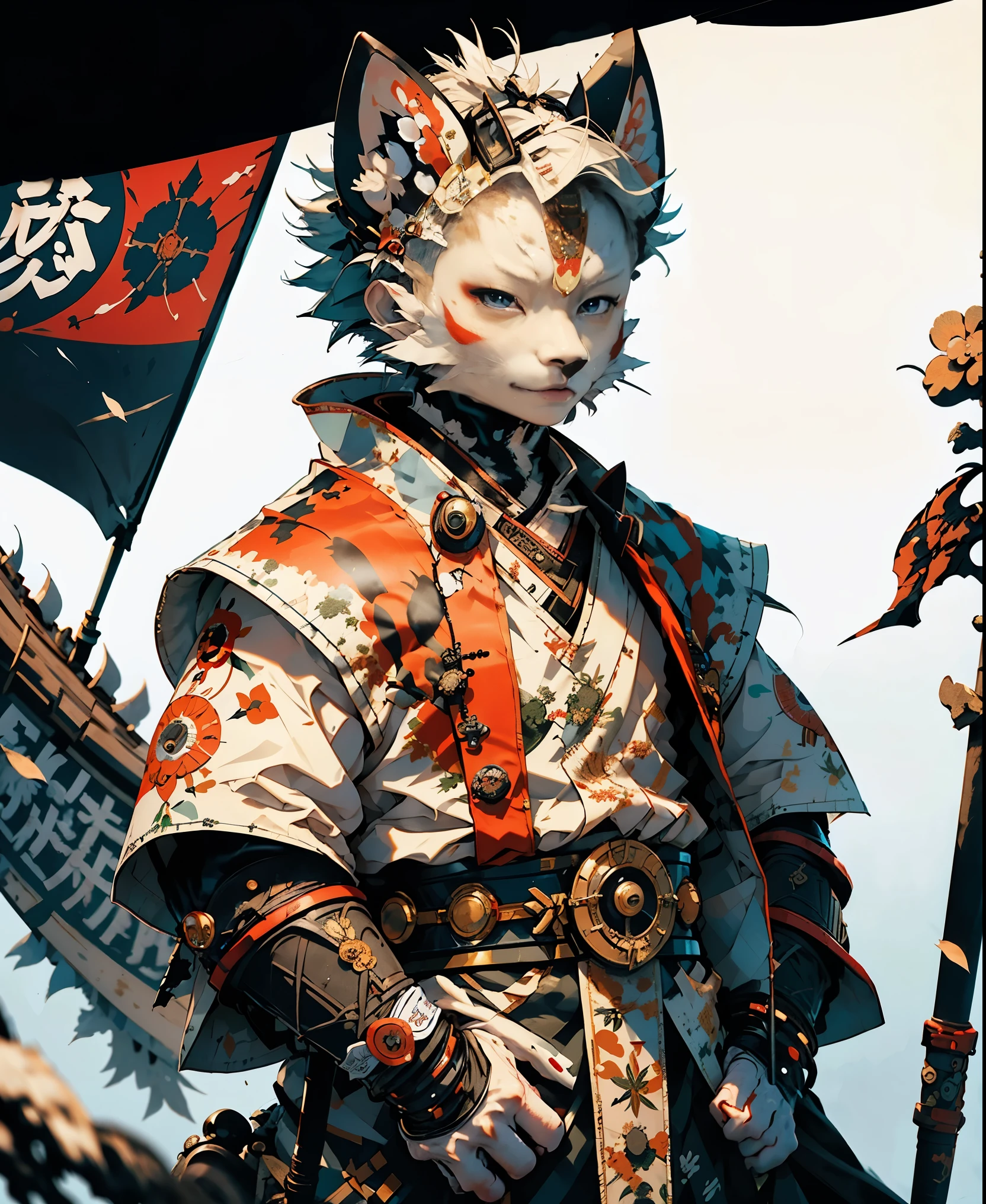 32K UHD QUALITY RESOLUTION, white fox, samurai warrior, highly detailed samurai battle armor and sashimono war flag, blood splattered, cherry blossoms blowing in the wind, post apocalyptic feudal Japan background