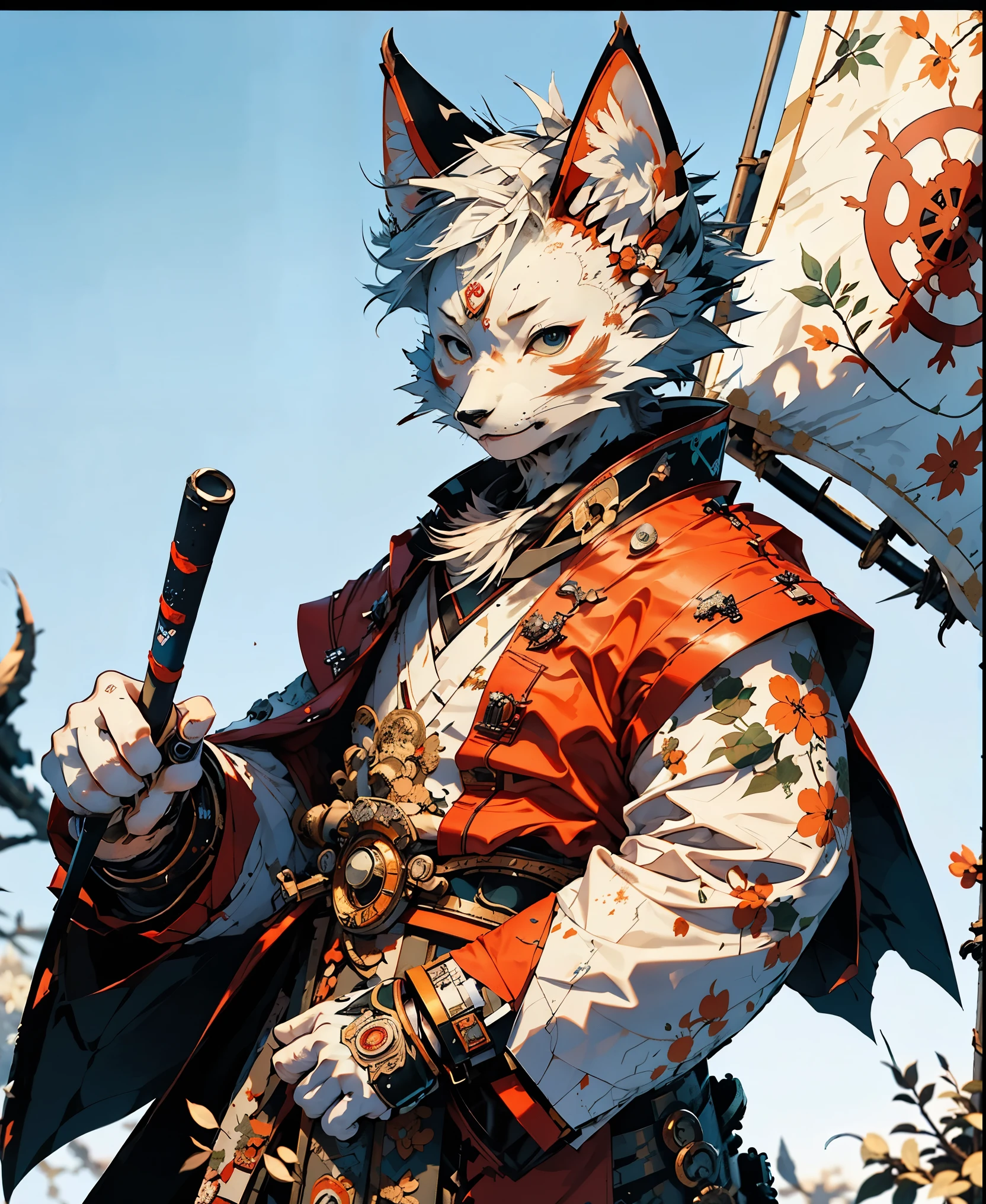 32K UHD QUALITY RESOLUTION, white fox, samurai warrior, highly detailed samurai battle armor and sashimono war flag, blood splattered, cherry blossoms blowing in the wind, post apocalyptic feudal Japan background