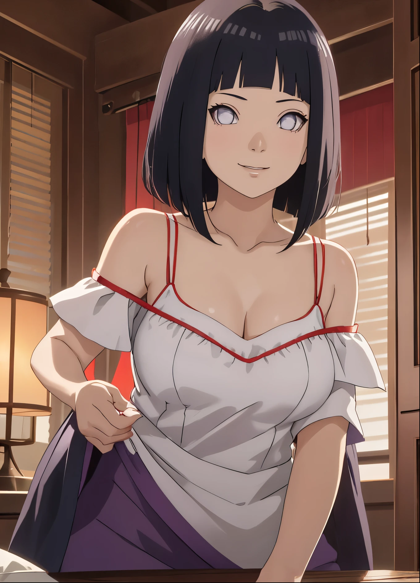 tmasterpiece， hoang lap ， （Complicated details），camisole （rich colourful），Off-the-shoulder attire，Large breasts，Lysis membrane illumination， the Extremely Detailed CG Unity 8K Wallpapers ， hyouka\（Boruto\）， 1girll， solo，Be red in the face，looks into camera，ssmile