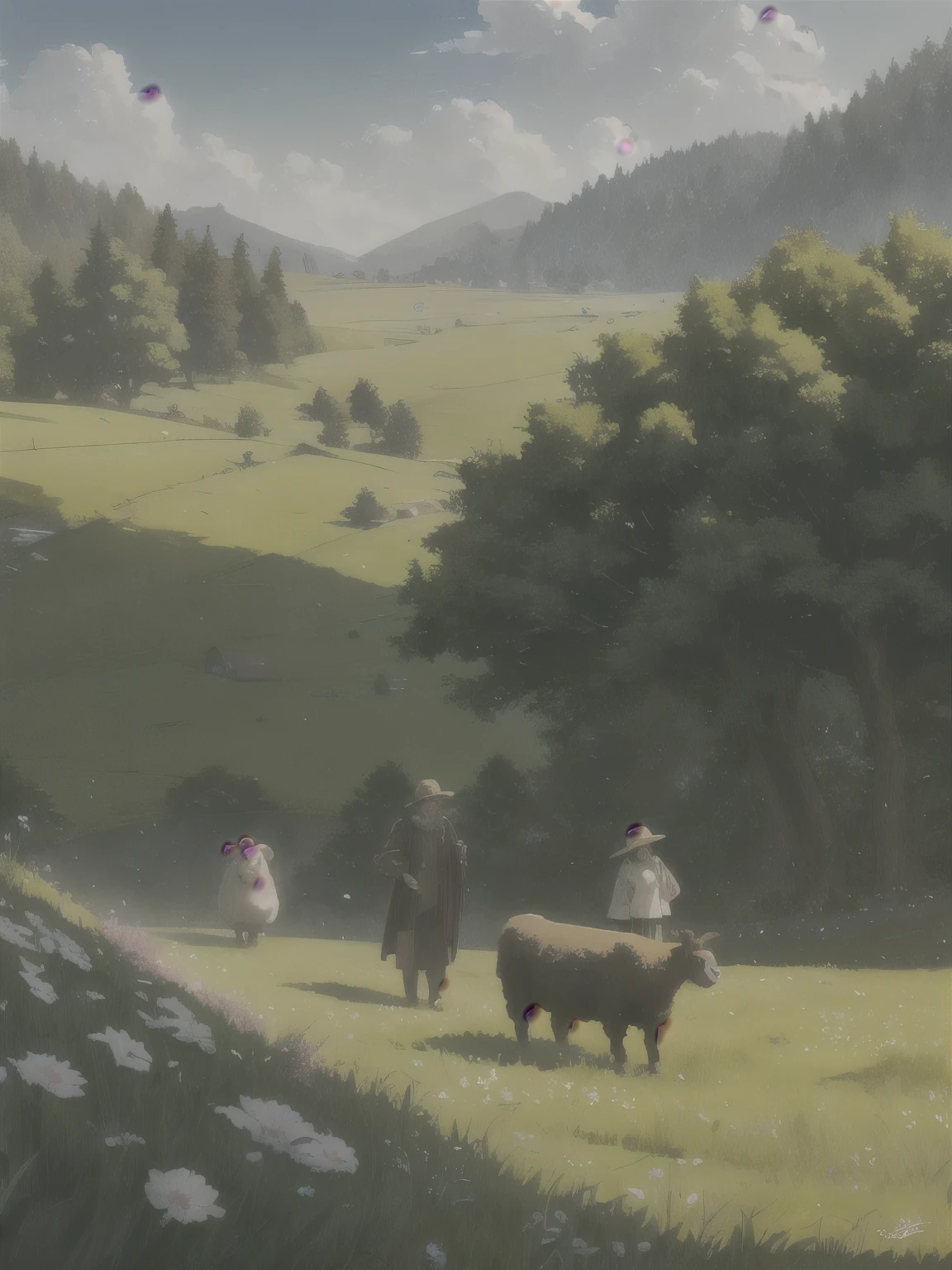 In a green meadow stands a goddest holding coffee beans
And two man sheperd ang sheep
BREAK
The most suitable effect for this scene would be a watercolor painting technique to capture the softness of the meadow and the fluidity of the movement.