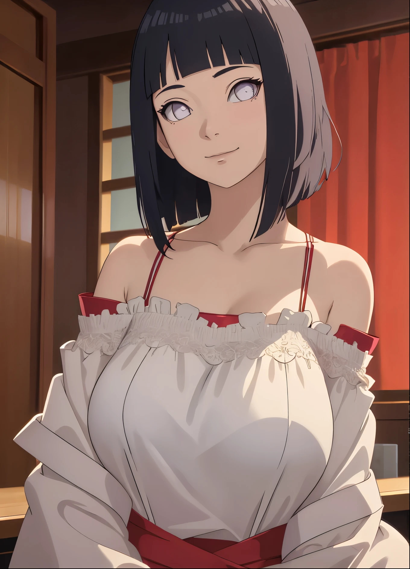 tmasterpiece， hoang lap ， （Complicated details），camisole （rich colourful），Off-the-shoulder attire，Large breasts，Lysis membrane illumination， the Extremely Detailed CG Unity 8K Wallpapers ， hyouka\（Boruto\）， 1girll， solo，Be red in the face，looks into camera，ssmile