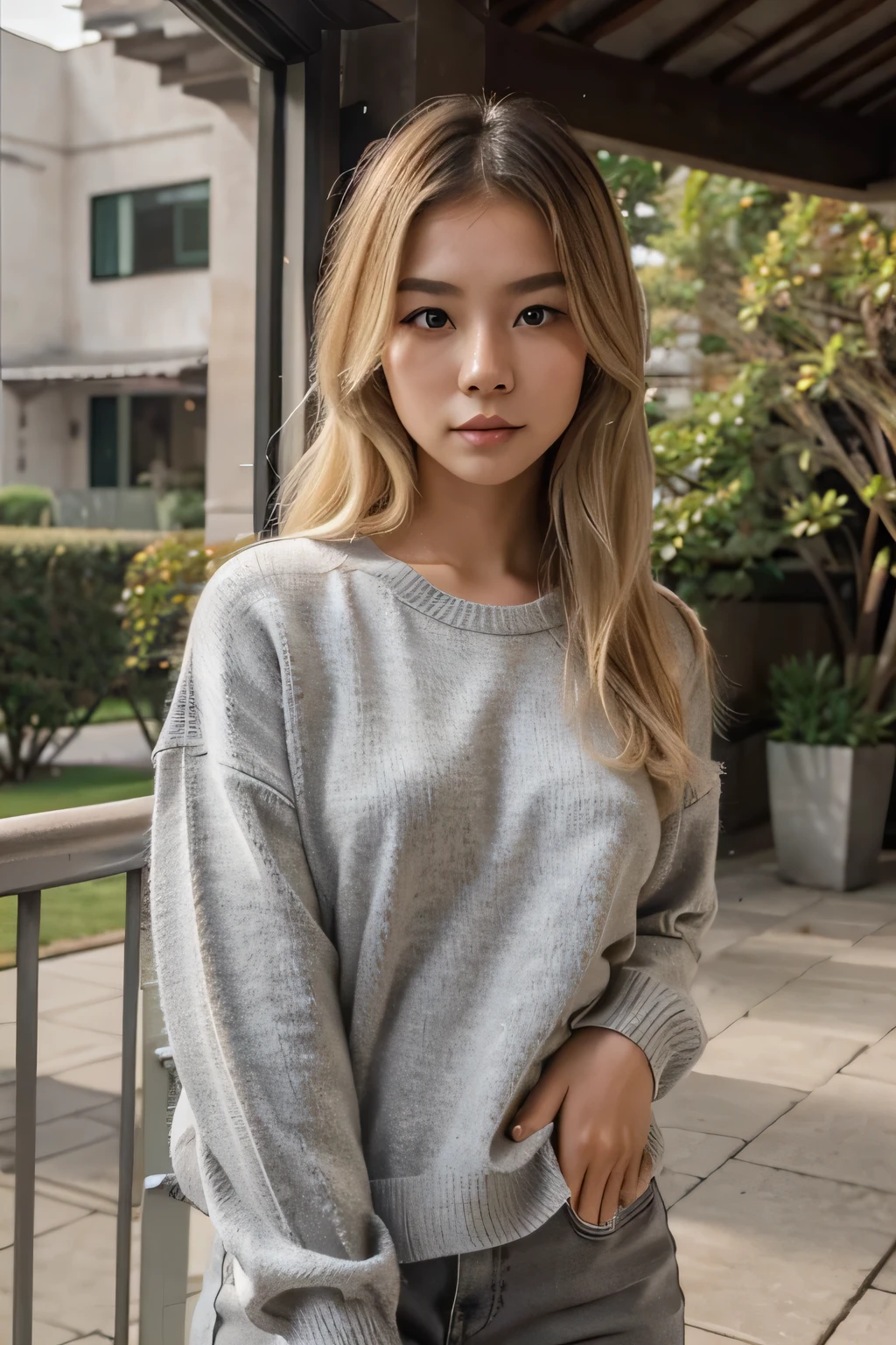 21 year old girl, asian, beautiful, cute, ultrarealistic, medium hair, blond hair, high quality, butterfly cut, grey sweater