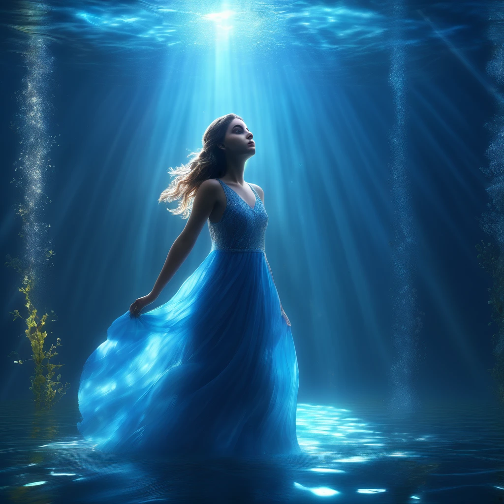 masterpiece, best quality, Tyndall effect, caustics, blue dress, underwater, 1girl, long hair, looking up, light scattering, volumetric lighting, light beams, sun rays, particles, atmosphere, photorealistic, unreal engine 5, cinematic lighting, 8k